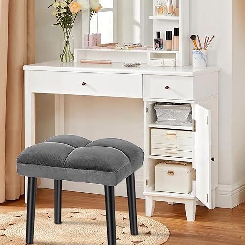 Miniatura 6 de HOUCHICS Taburete otomano gris, taburete cuadrado de maquillaje con patas de madera, taburete otomano pequeño para tocador, asiento acolchado