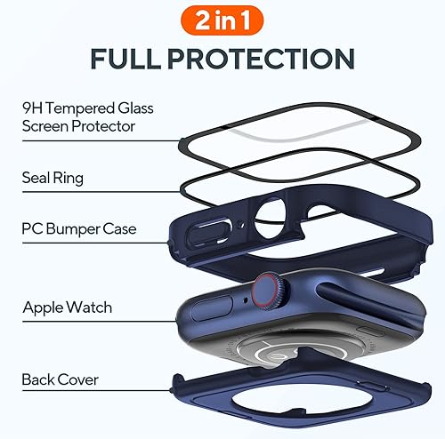 Miniatura 3 de Paquete de 2 fundas impermeables 2 en 1 para Apple Watch Series 8 7 de 1.77 pulgadas, borde recto, policarbonato delantero y trasero con protector