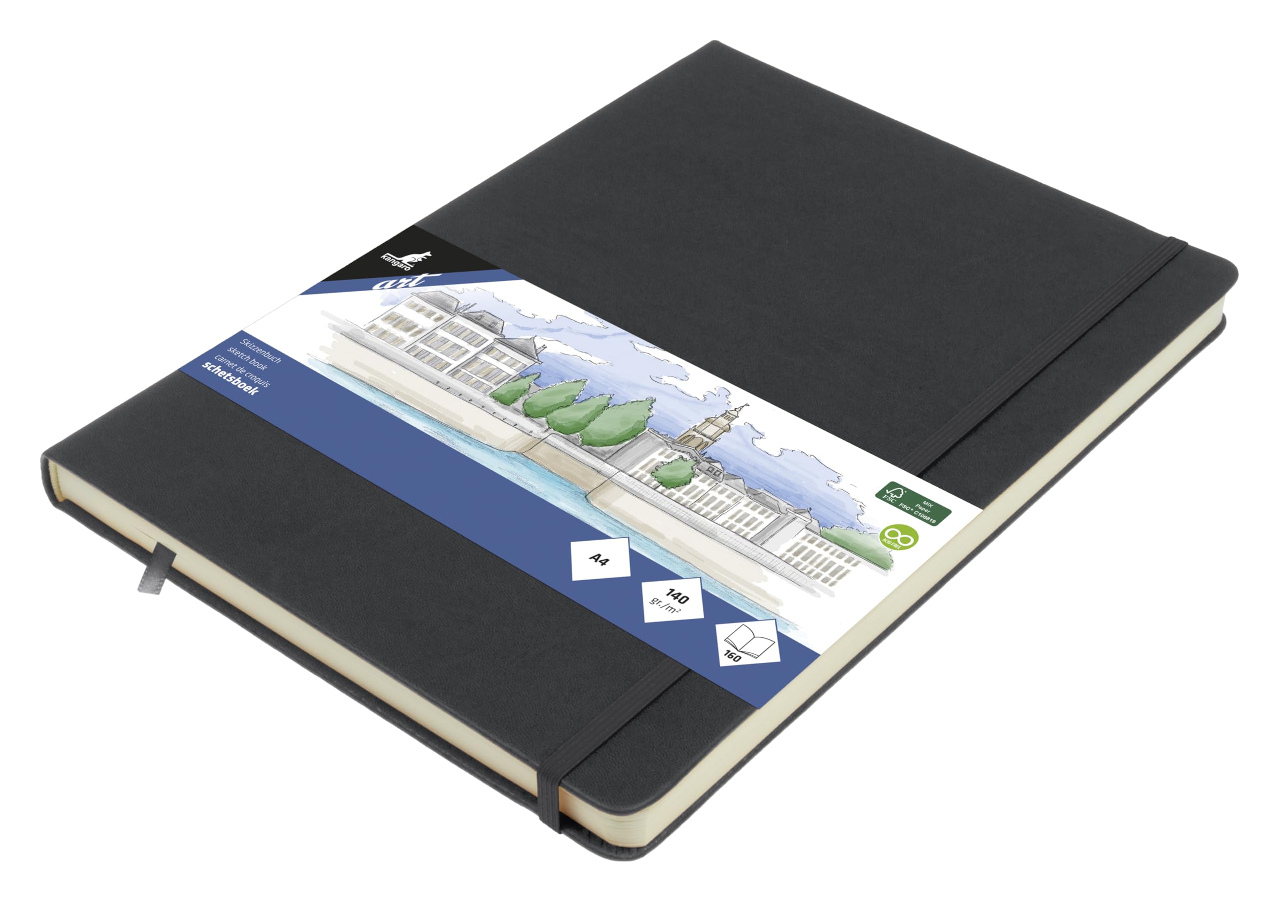 Kangaro Sketchbook A4 Cold Grey PU Hard Cover 80 Sheets 140 g Cream Paper with Elastic Band and Ribbon