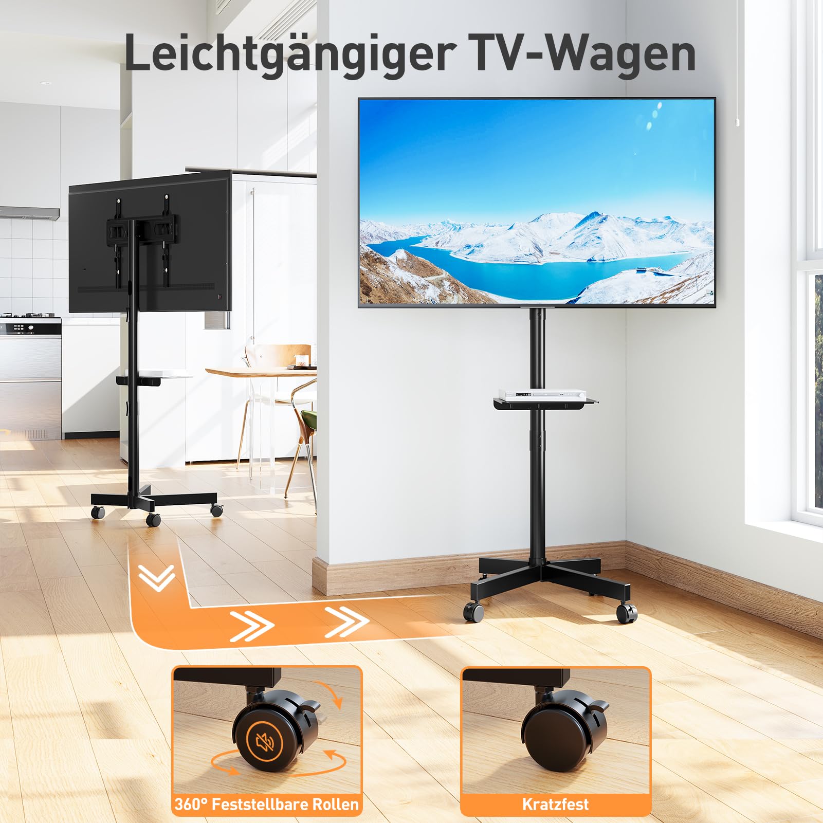 ELIVED TV Ständer Rollbar für 26-60 Zoll Fernseher bis zu 25kg, Max VESA 400x400mm, Mobiler TV Stand mit Rollen Höhenverstellbar Fernseher Bodenständer EV1117