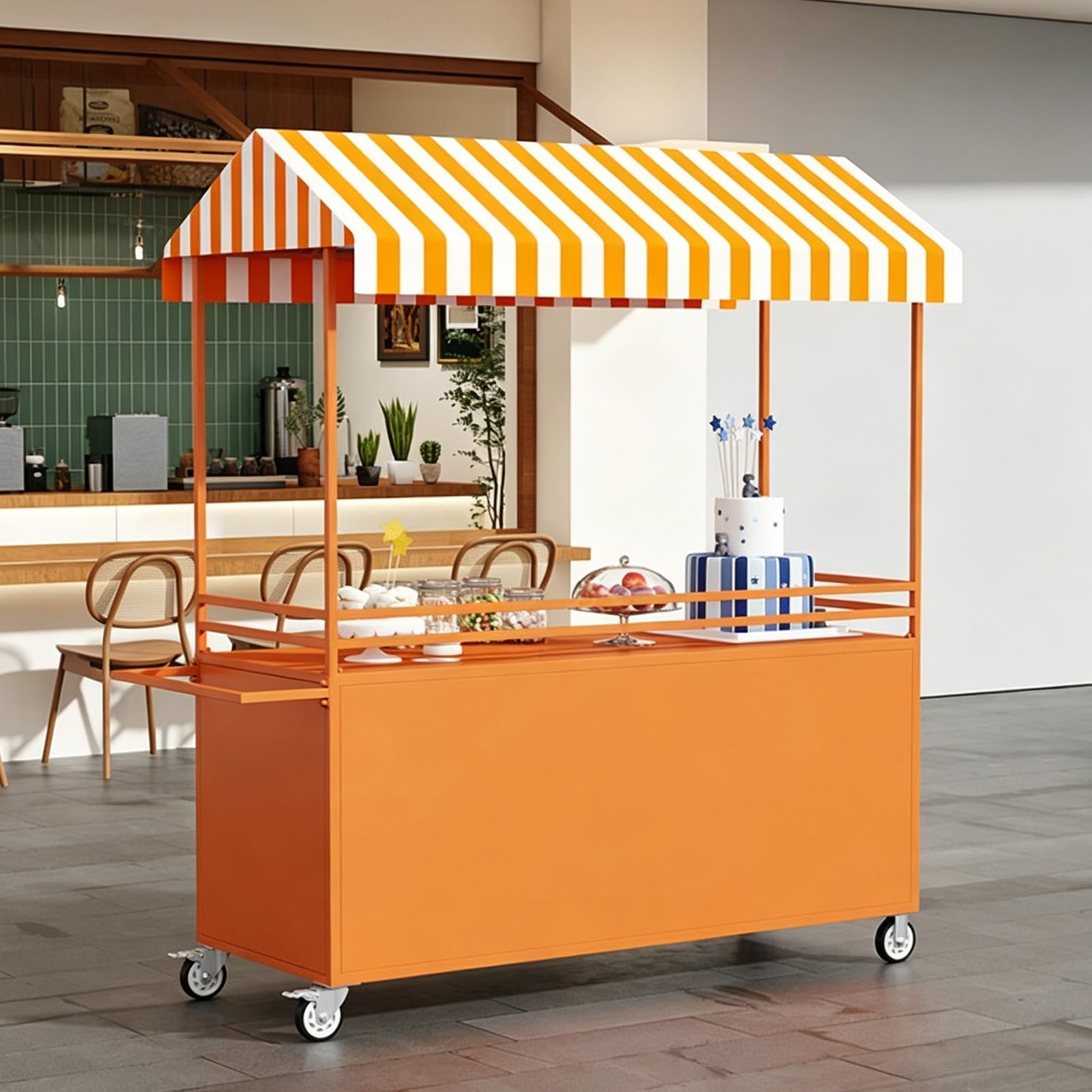 Carrito Ambulante para Comida con Toldo y Ruedas Giratorias, Puesto Móvil | Carro Comercial Puesto de Venta con Ruedas y Amplia Superficie de Trabajo para Mercados y Eventos(Orange,100cm)