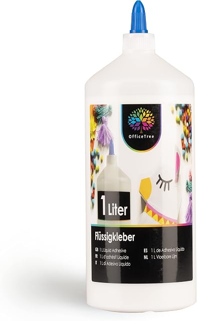 OfficeTree 1 Litre Liquid White Glue For Crafts Transparent Drying - White PVA Glue for Crafting - Clear Glue Liquid - PVA School Glue - Paper Craft Glue Strong - Solvent Free Liquid Adhesive