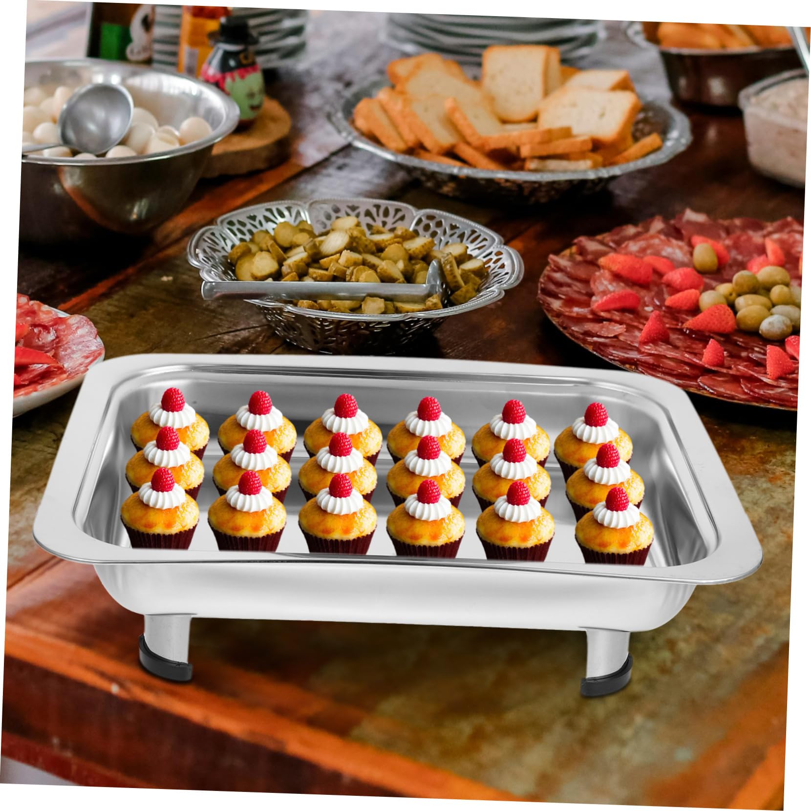 Happyyami Plateau de Buffet Plat Rectangulaire 41x25 Cm Acier Inoxydable avec Couvercle Verre Service Restauration la Cuisine Cantine Professionnel