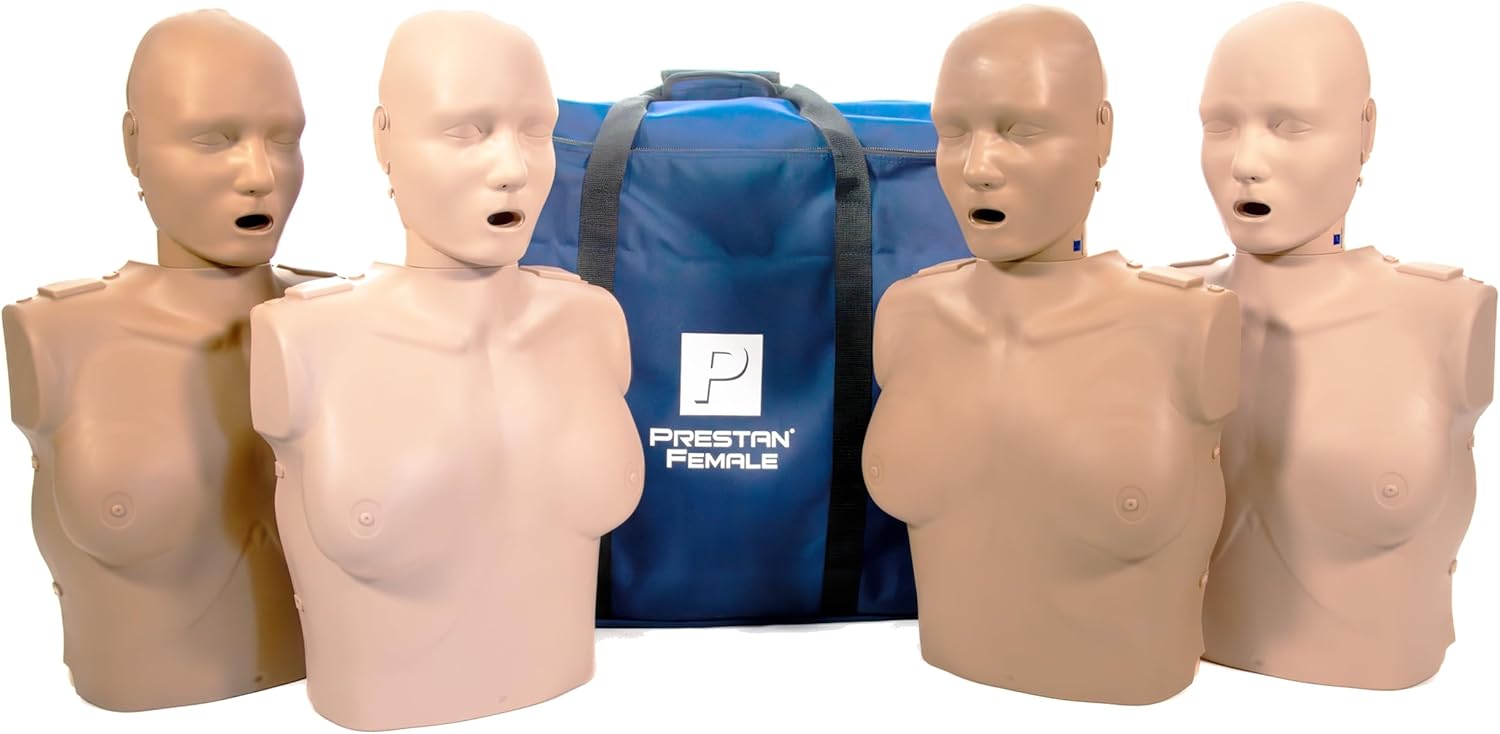 PRESTAN Professional Adult Female Manikin with CPR Feedback, 4-Pack (2 Medium and 2 Dark Manikins); Includes 50 Adult Face-Shield/Lung-Bags, Carry Bag and Instructions