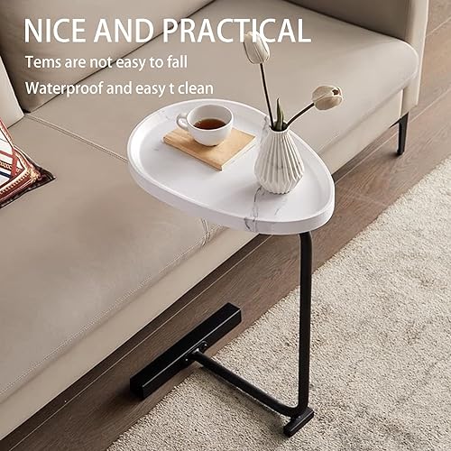 Miniatura 4 de Mesas de sofá que se deslizan por debajo, mesa auxiliar en forma de C, mesa auxiliar móvil en forma de C, mesa rústica con marco de hierro sólido,