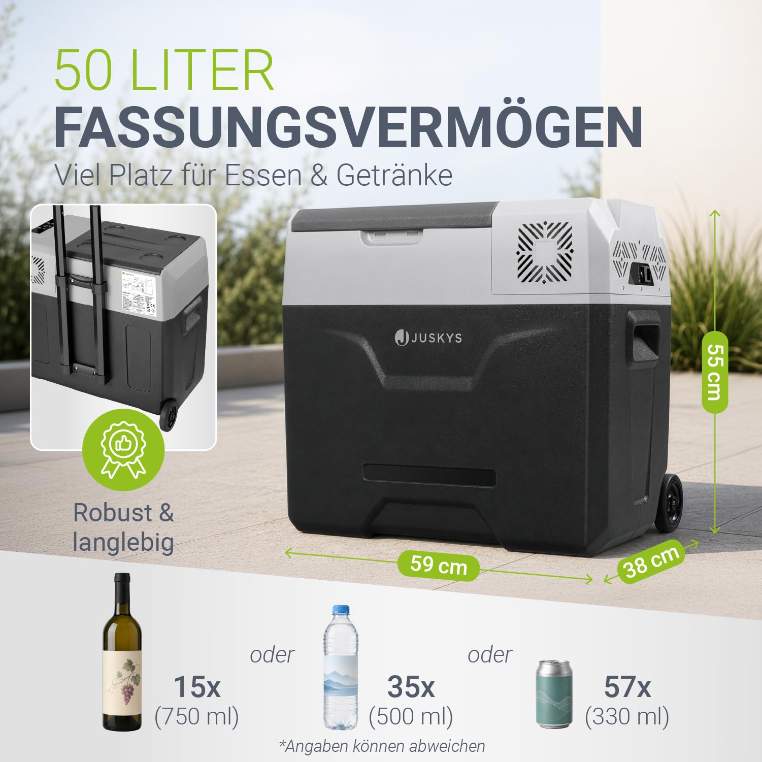 Juskys Kompressor Kühlbox 50 Liter 12/24/230 V für Auto, LKW, Reisemobil, Camping - Mini Kühlschrank kalt & warm - Kompressorkühlbox Steckdose - Grau