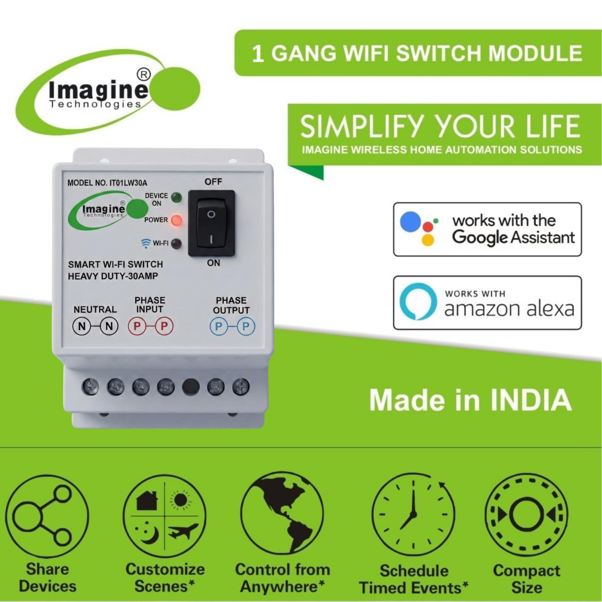 Imagine Technologies 30A(6600W) BLE + WiFi Smart Switch for AC, Geyser, Water Pump, Room Heater Heavy Duty Compatible with Alexa & Google Home iOS and Android Smart Life app
