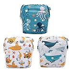 Babygoal Swim Diapers 3 Pack for 8M-3T Babies and Toddlers, Reusable Adjustable Washable for Baby Girl and Boy Swimming Lessons-Shark & Octopus