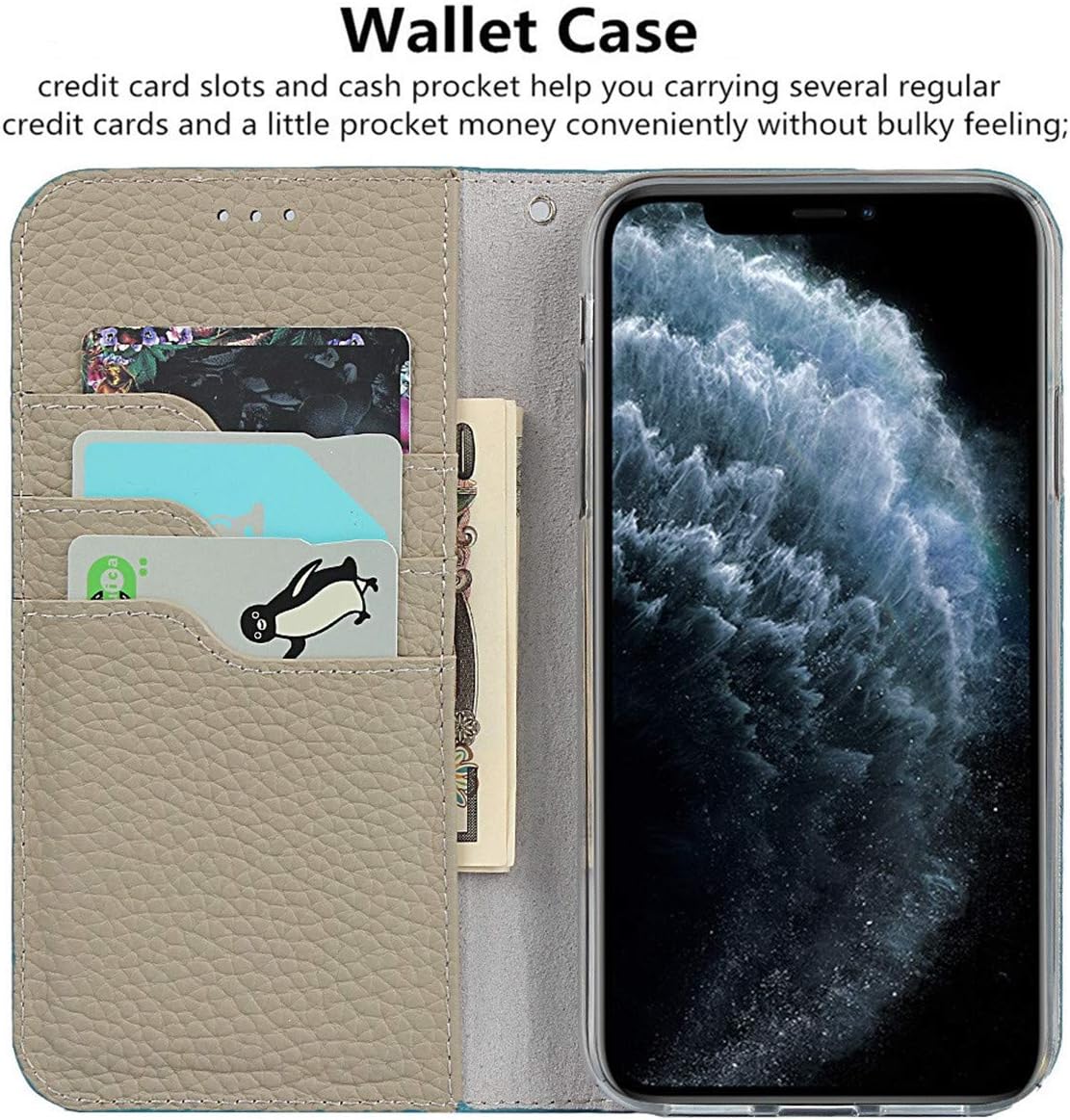 iCoverCase Compatible with iPhone 11 Pro Max Wallet Case, RFID Blocking Genuine Leather Magnetic Case with Wrist Strap and Card Slots Kickstand Feature Flip Cover 6.5 Inch (Light Blue)