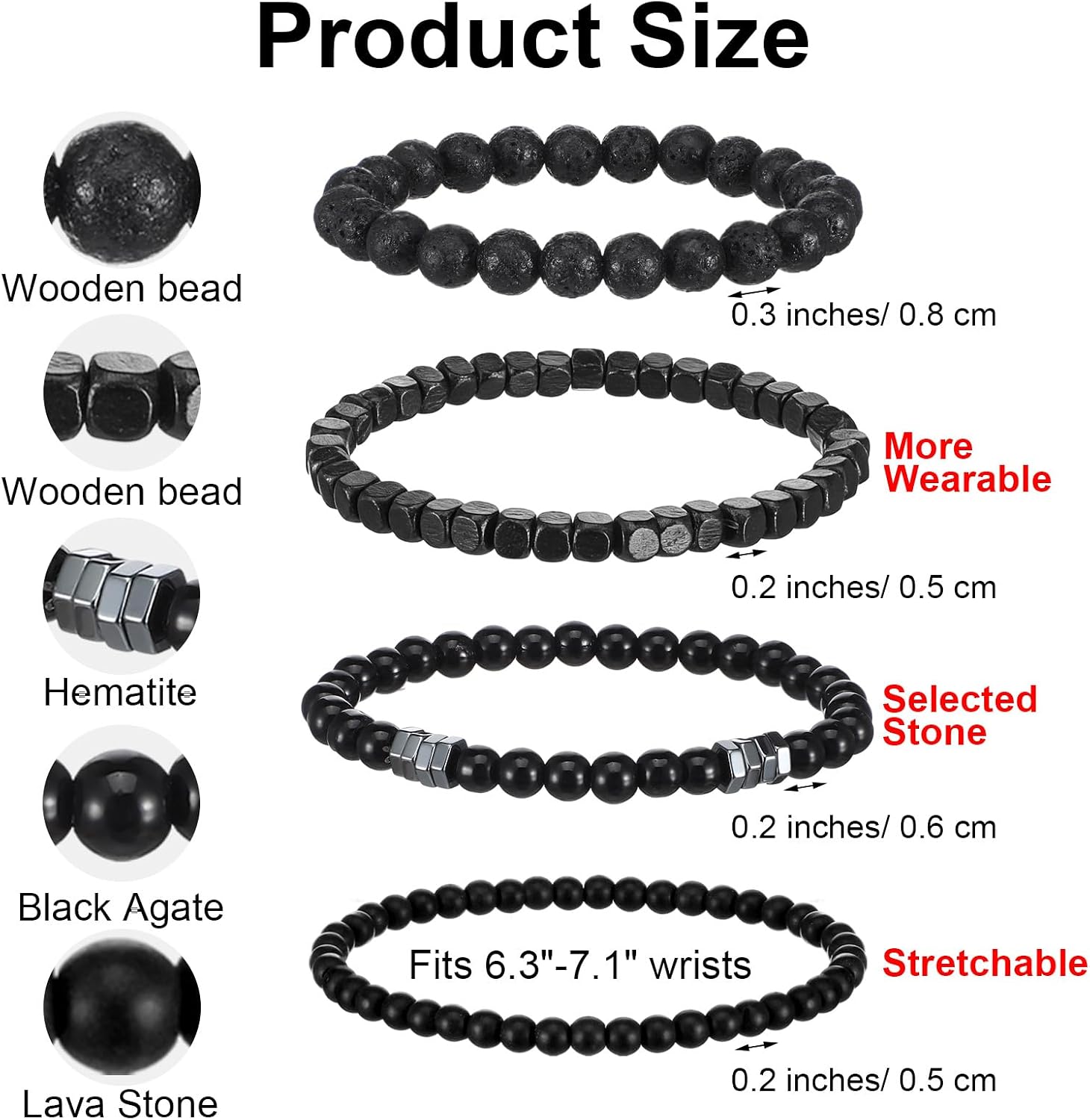Hecila 4PCS Men’s Bracelet Set Punk Wooden Beads Bracelets Multi - Tiger Eye/Matte Agate/Lava Rock Gothic Bracelet Gifts Stretch Natural Stone Men's Bead Bracelets for Birthday Anniversary Christmas