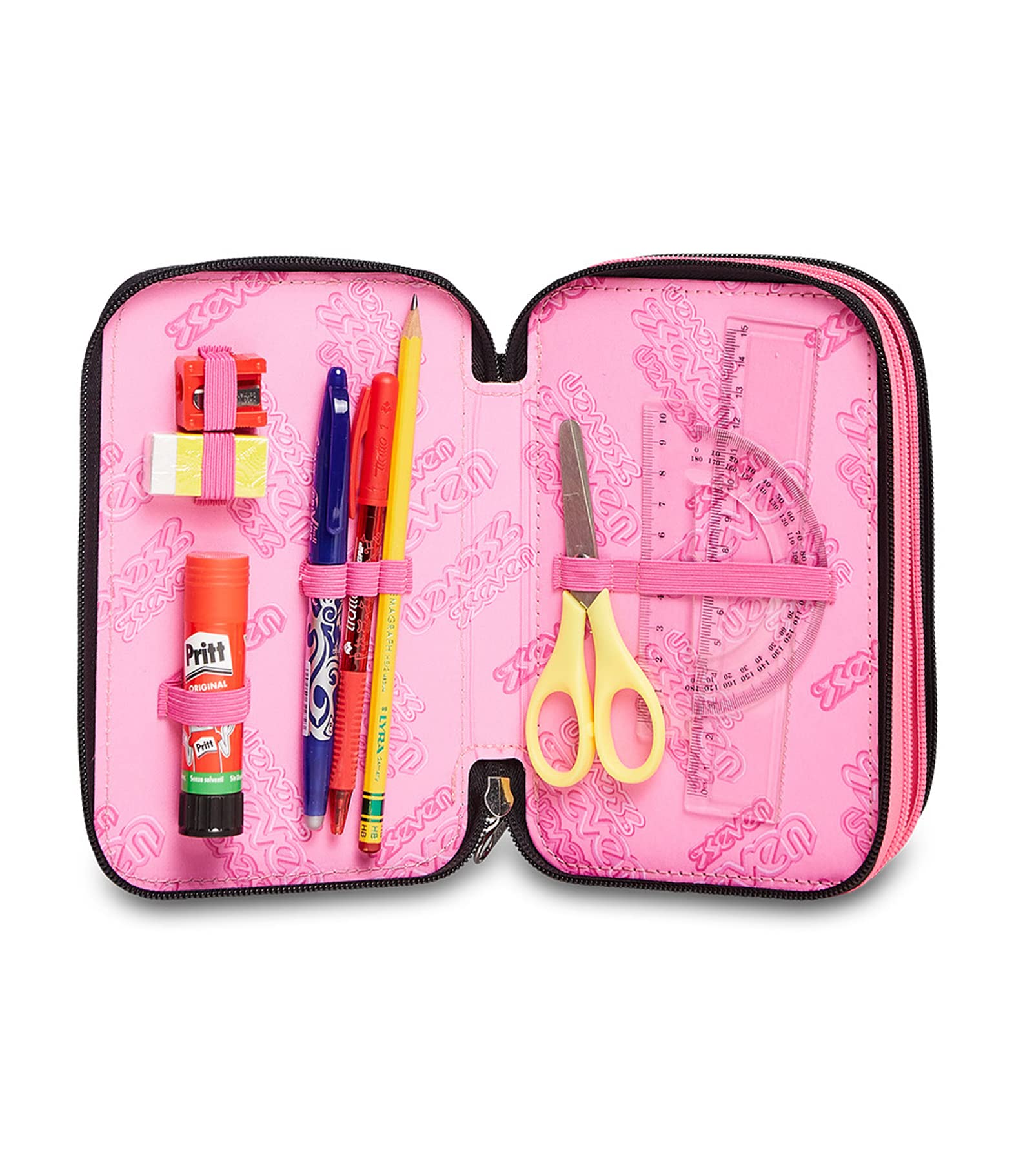 Astuccio Scuola Seven 3 Scomparti - Yourself Girl Ragazza - Completo di Matite, Pennarelli - Nero, Rosa