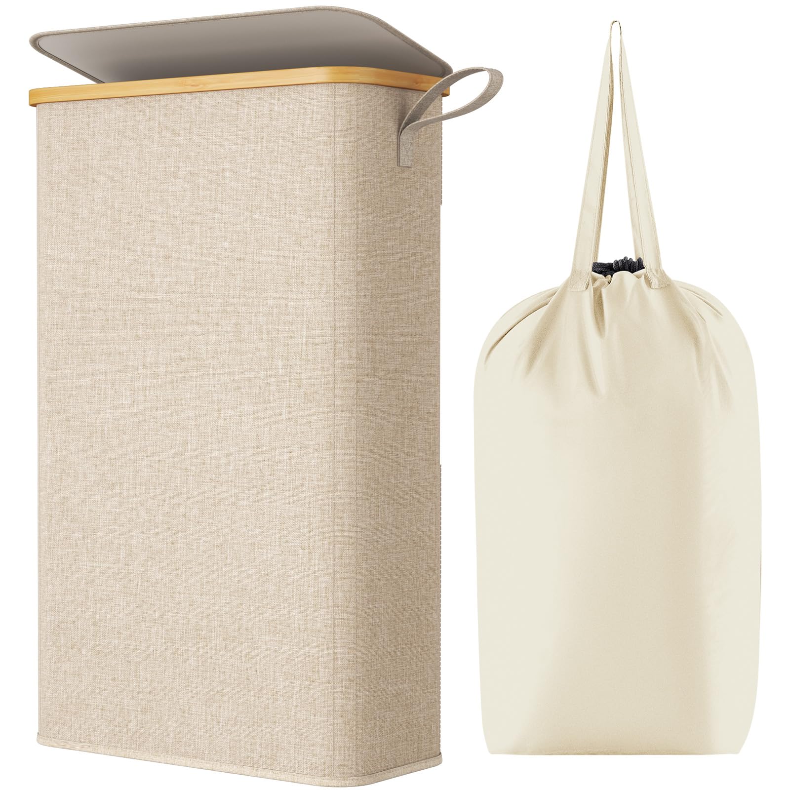 Lifewit 65L Slim Laundry Hamper with Lid, Narrow Laundry Basket with Removable Bag & Bamboo Handles, Fodable Thin Dirty Clothes Hamper for Laundry Collapsible Bin for Bathroom Bedroom Dorm, Beige
