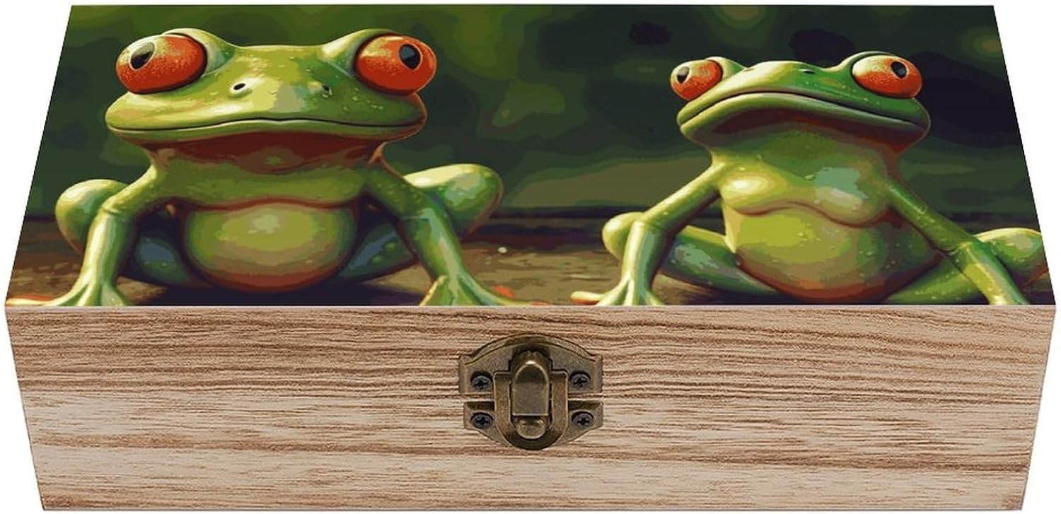 Funny Green Frogs Wooden Box Wood Storage Box with Hinged Lid Rectangular Keepsake Boxes Vintage Table Organizer Decorative Container for Gift Packaging Toys Crafts