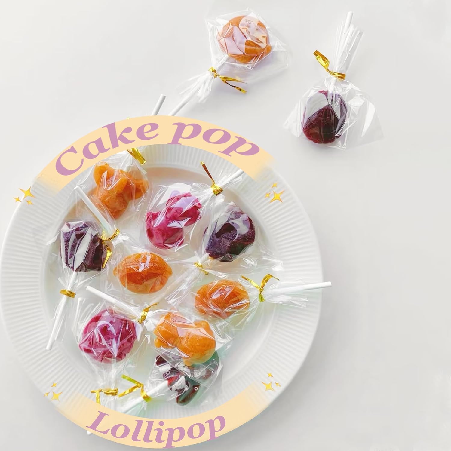 300Pcs Cake Pop Sticks and Wrappers, Including 100Pcs 6-inch Lollipop Sticks | Parcel Bags | Gold Twist Ties for Making Candies, Chocolates and Cookies (Gold Twist Tie, 300Pcs)