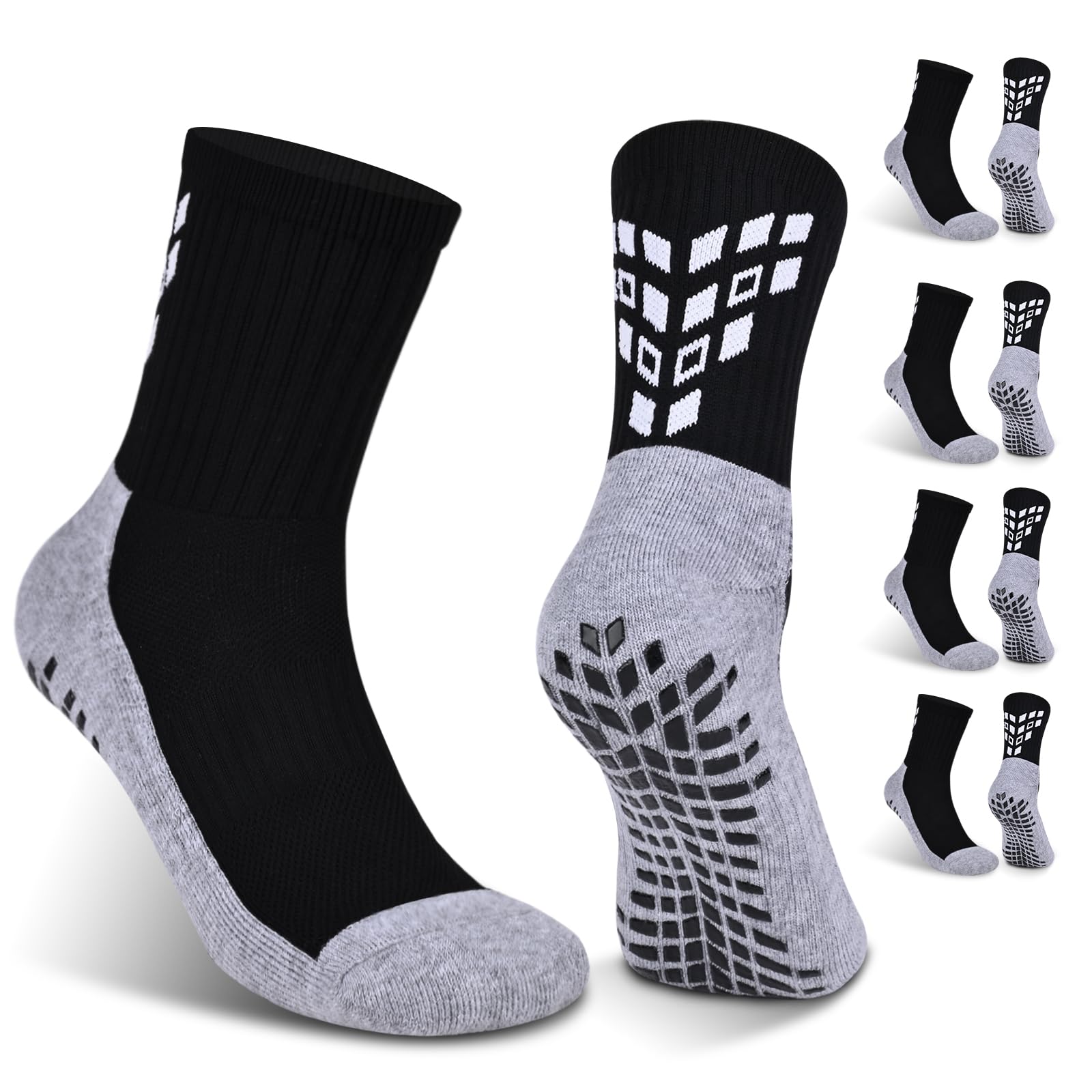 GOGOGOALNon-slip Grip Soccer Socks Men Women Cushioned Breathable Cotton Anti-slip Sports Crew Sneaker Socks for Football Rugby 9-12 Black+grey L 4 Pair, Black+grey-4 Pairs, Large