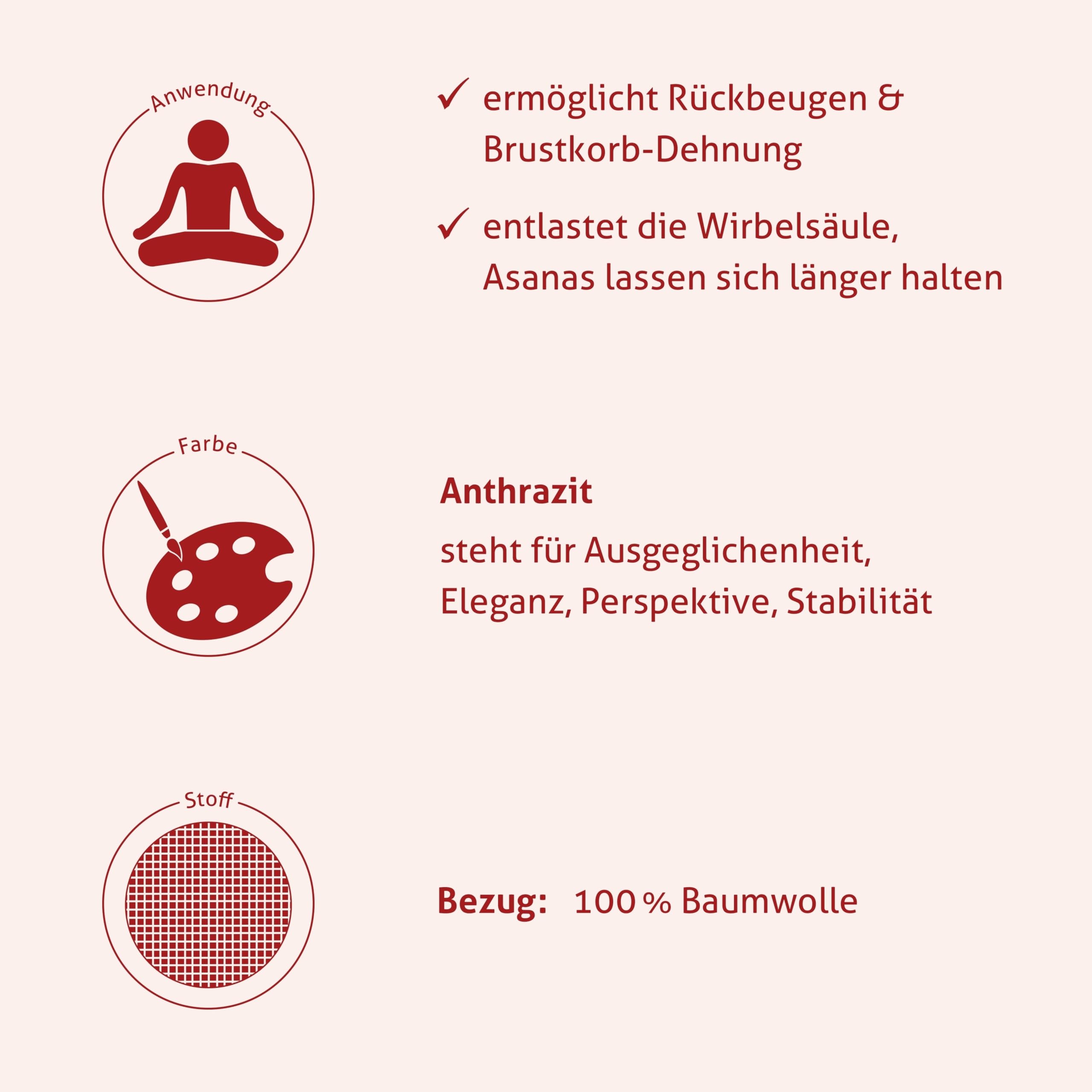 Yoga Bolster – Handmade in Germany, 24cm x 64cm | Yoga Rolle mit praktischem Tragegriff, 100% Dinkelspelz Füllung, Waschbarer Bezug 100% Baumwolle