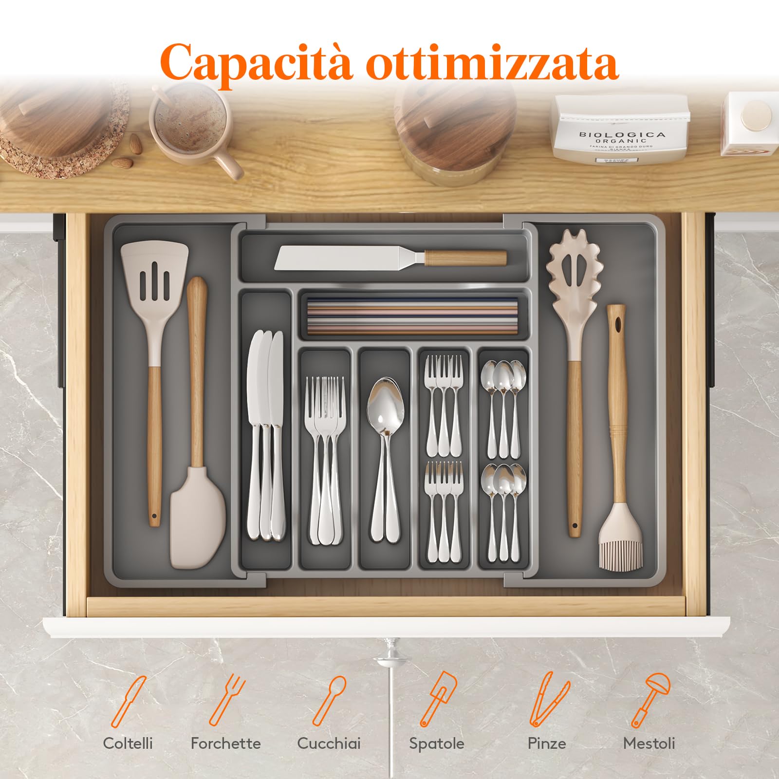 Lifewit Porta Posate Cucina Cassetto, Organizer Posate da Espandibile, Portaposate Salvaspazio, Divisori in Plastica per Utensili, Forchette, Profondità 38 cm, Largezza 33-56,8cm, Grigio