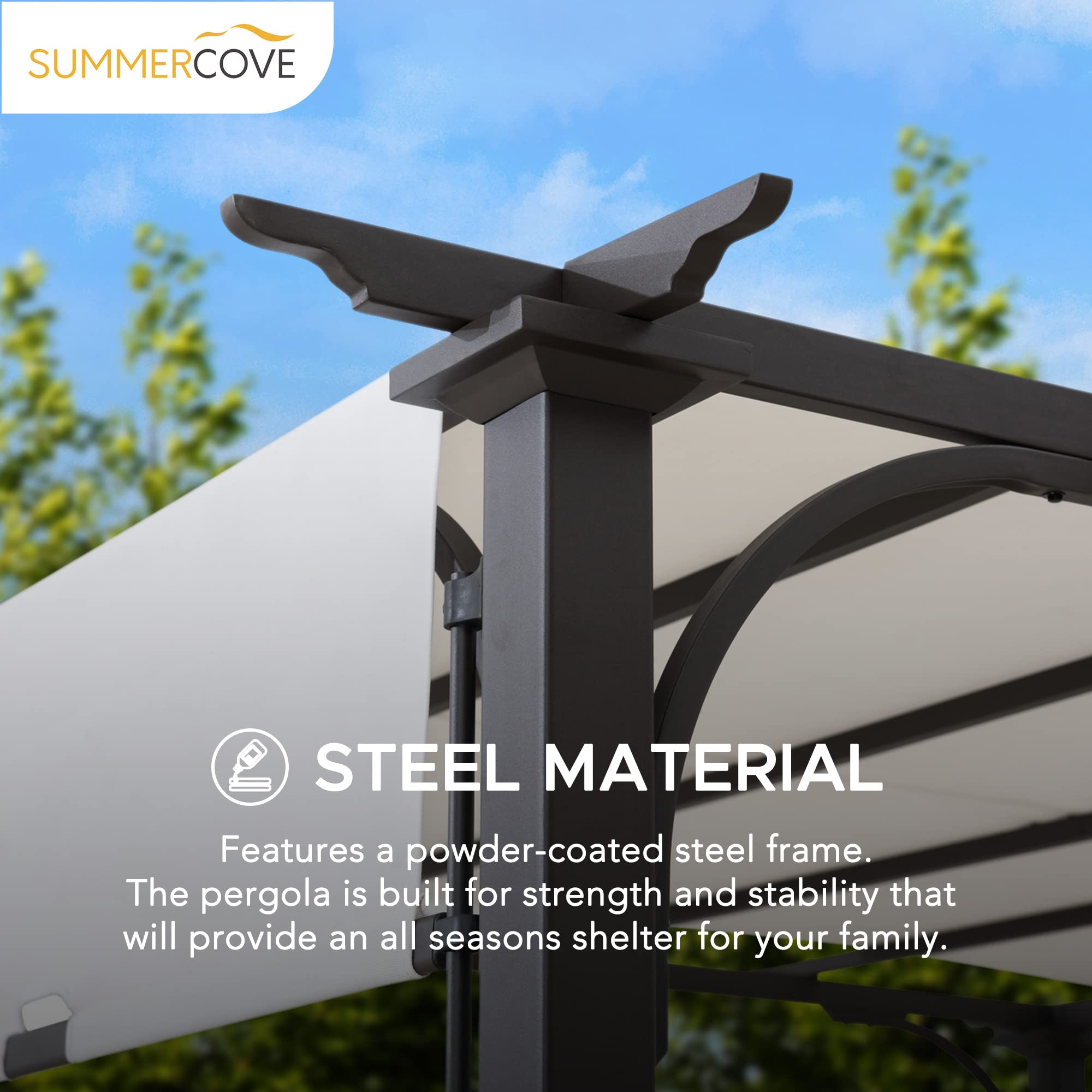 Amazon.com: Sunjoy 10 x 10 ft. Pergola, Outdoor Patio Brown Steel Classic  Frame Pergola with Retractable White Canopy Shade for Backyard, Garden  Activities : Patio, Lawn u0026 Garden