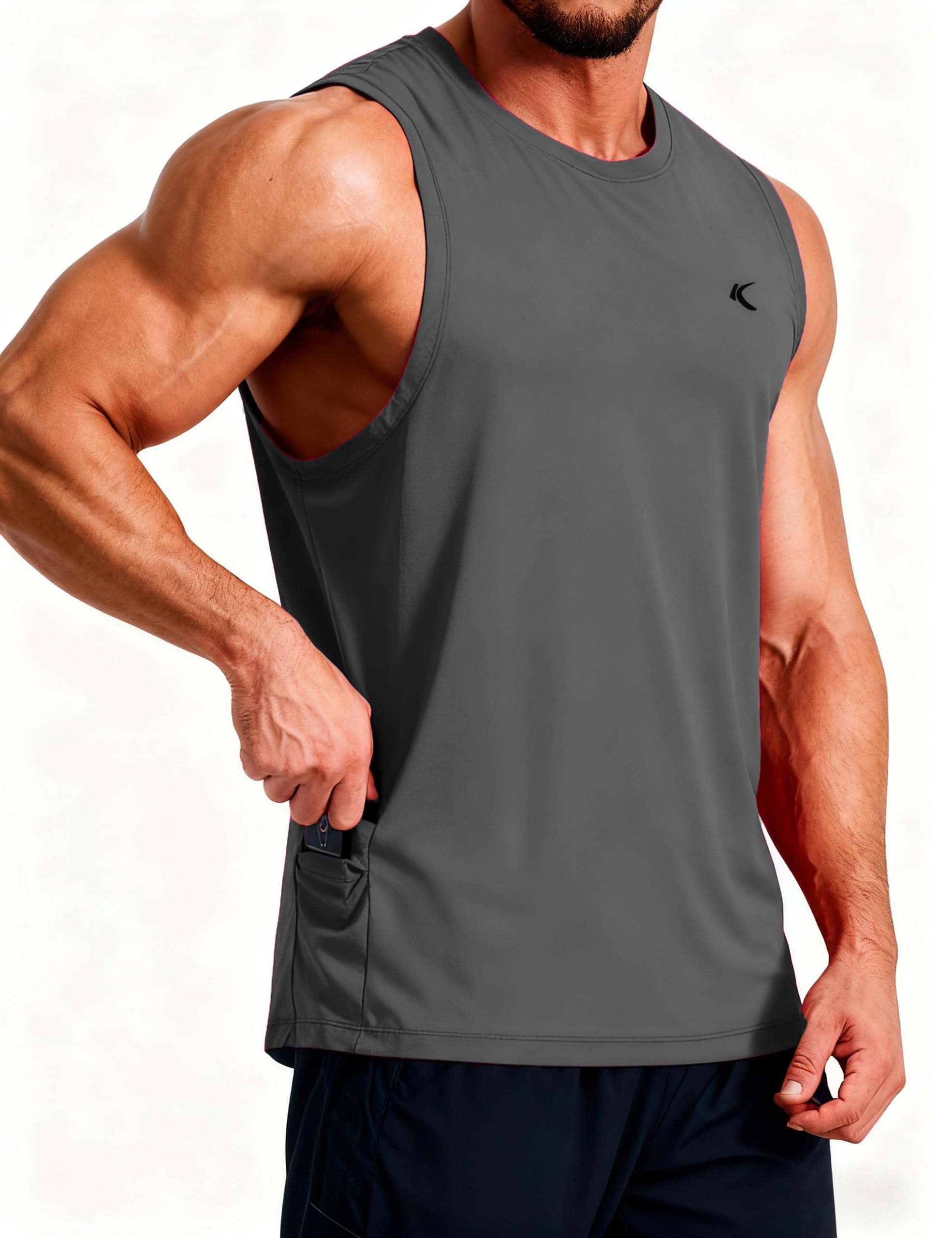 KPSUN Men's Quick Dry Workout Tank Tops Sleeveless Gym Muscle Shirts Fitness Running Athletic Swim Shirt with Side Pocket