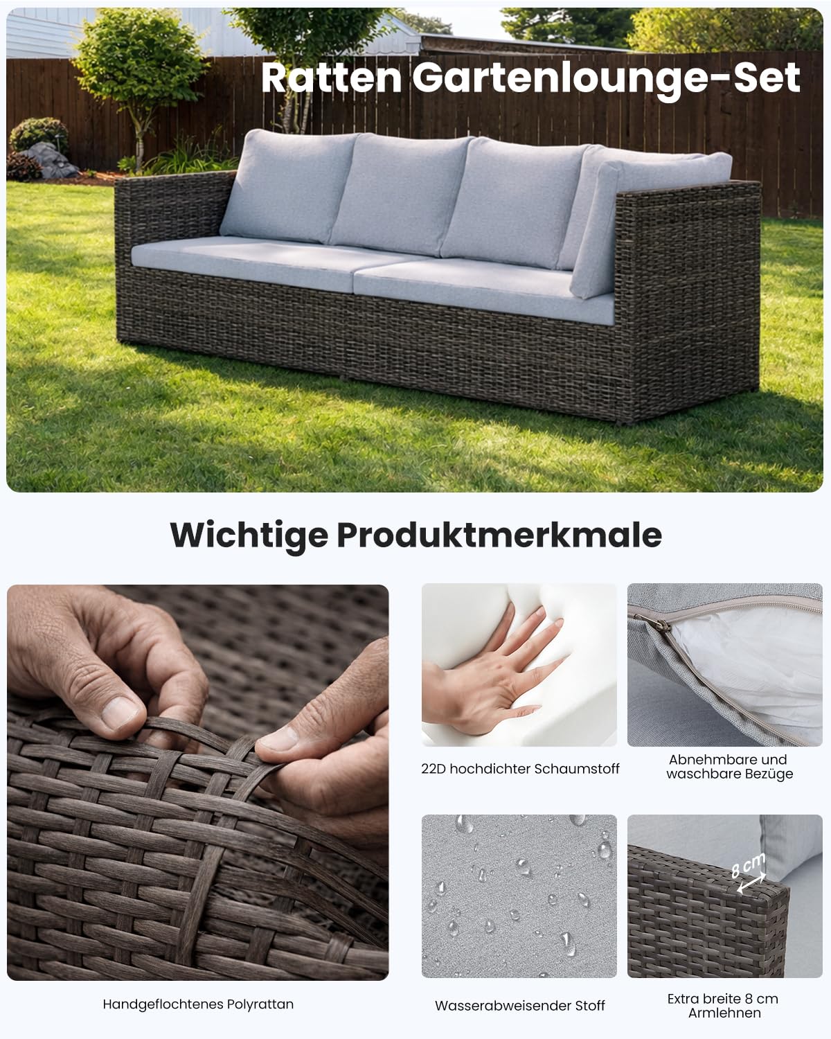 LANOX Polyrattan Gartenlounge Set 7-teilig für 8-10 Personen, Grau