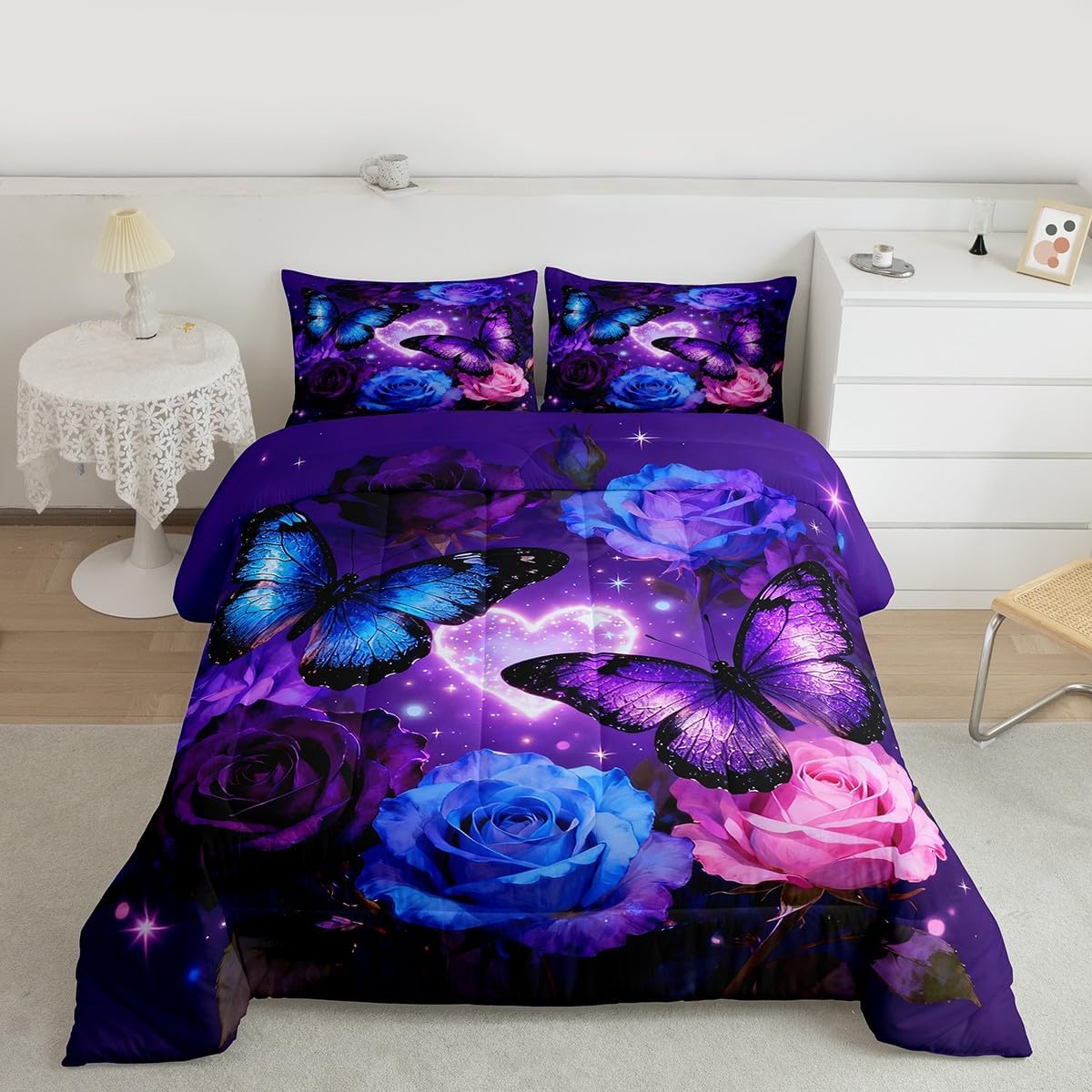 Feelyou Girls Butterfly Comforter Set Twin Size Dreamy Purple Butterflies Bedding Set for Kids Teens Rose Flower Duvet Quilt Bedroom Decor 2 Pcs with 1 Pillow Cases