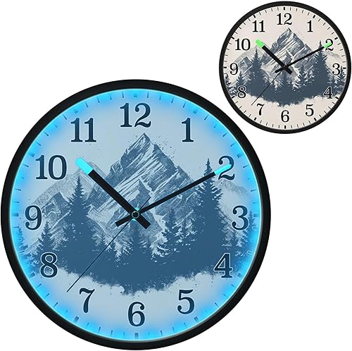JUNZAN Luminous Voice-Activated Round Wall Clock 12 Inch Mountain Vintage Design Non-Ticking Silent Battery Operated Wallclocks for Kitchen Bedroom