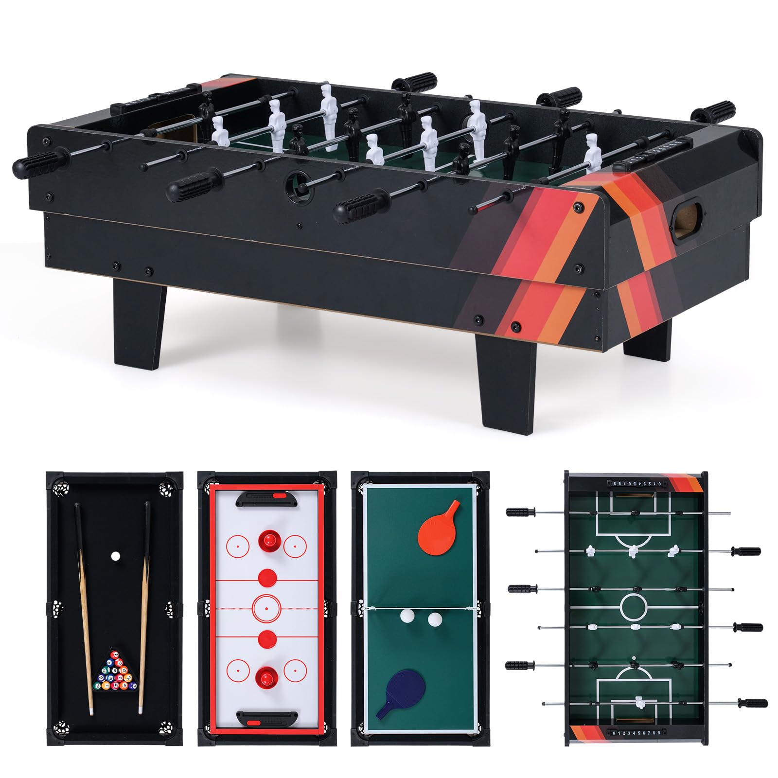 GOPLUS Mesa Multijuegos Combinada 4 en 1 con Futbolín, Mesa de Juegos Multifuncional con Accesorios, Tableros Apilables para Billar, Hockey de Aire, Tenis de Mesa, para Hogar Bar Fiesta