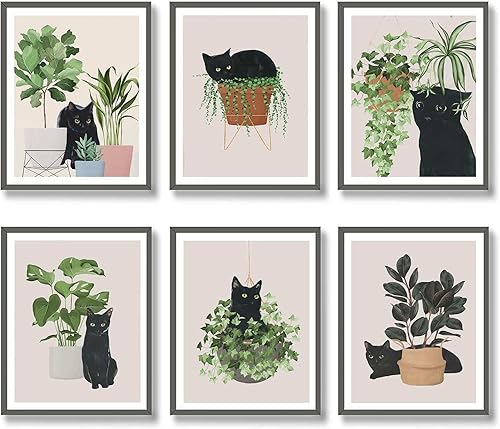 6 piezas de arte botánico de pared con diseño de gato negro, hojas verdes, plantas y plantas bohemias, arte de pared minimalista, impresiones