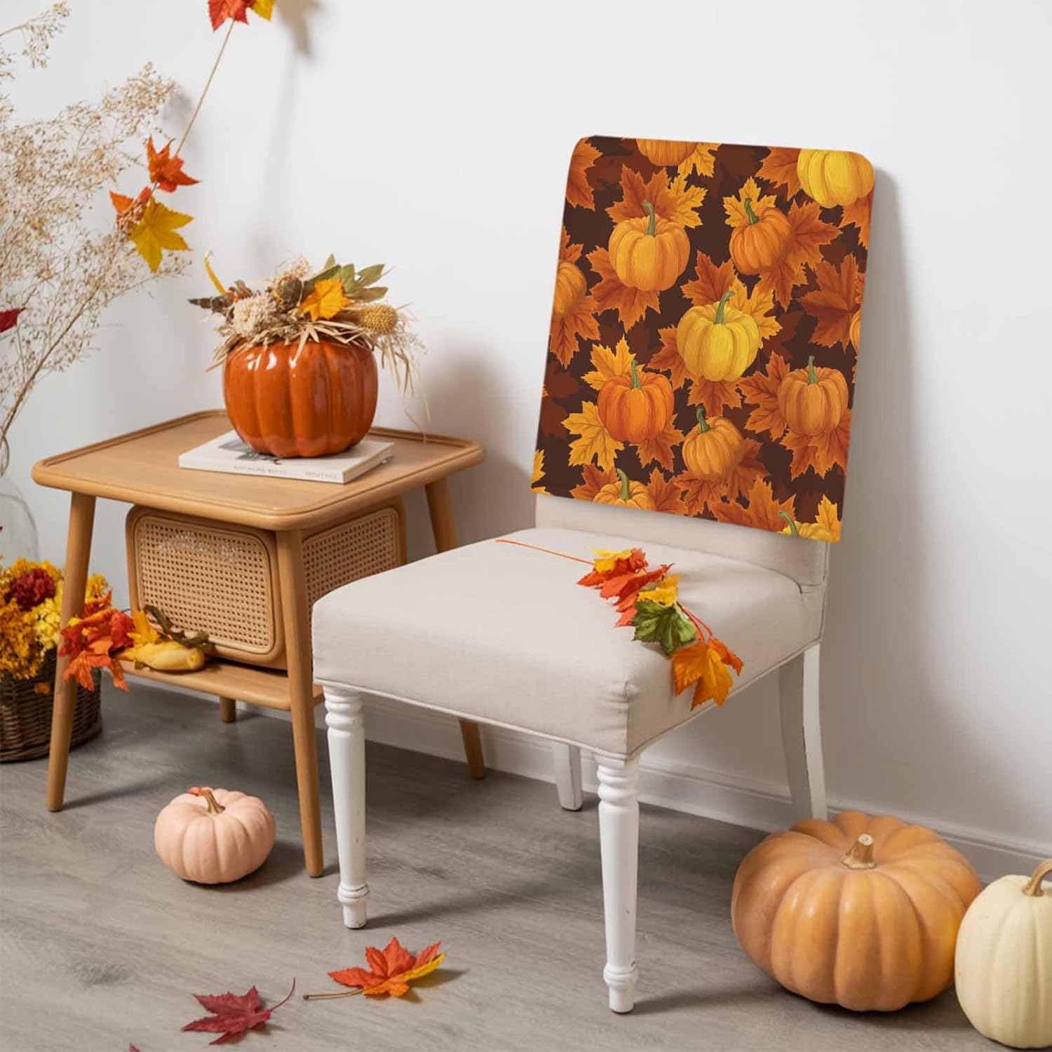 Fall Chair Covers Set of 4 Orange Harvest Pumpkin Chair Slipcover Protector Removable Stretch Chair Covers Autumn Maple Leaf Thanksgiving Chair Back Covers for Dining Chairs Kitchen Holiday Party