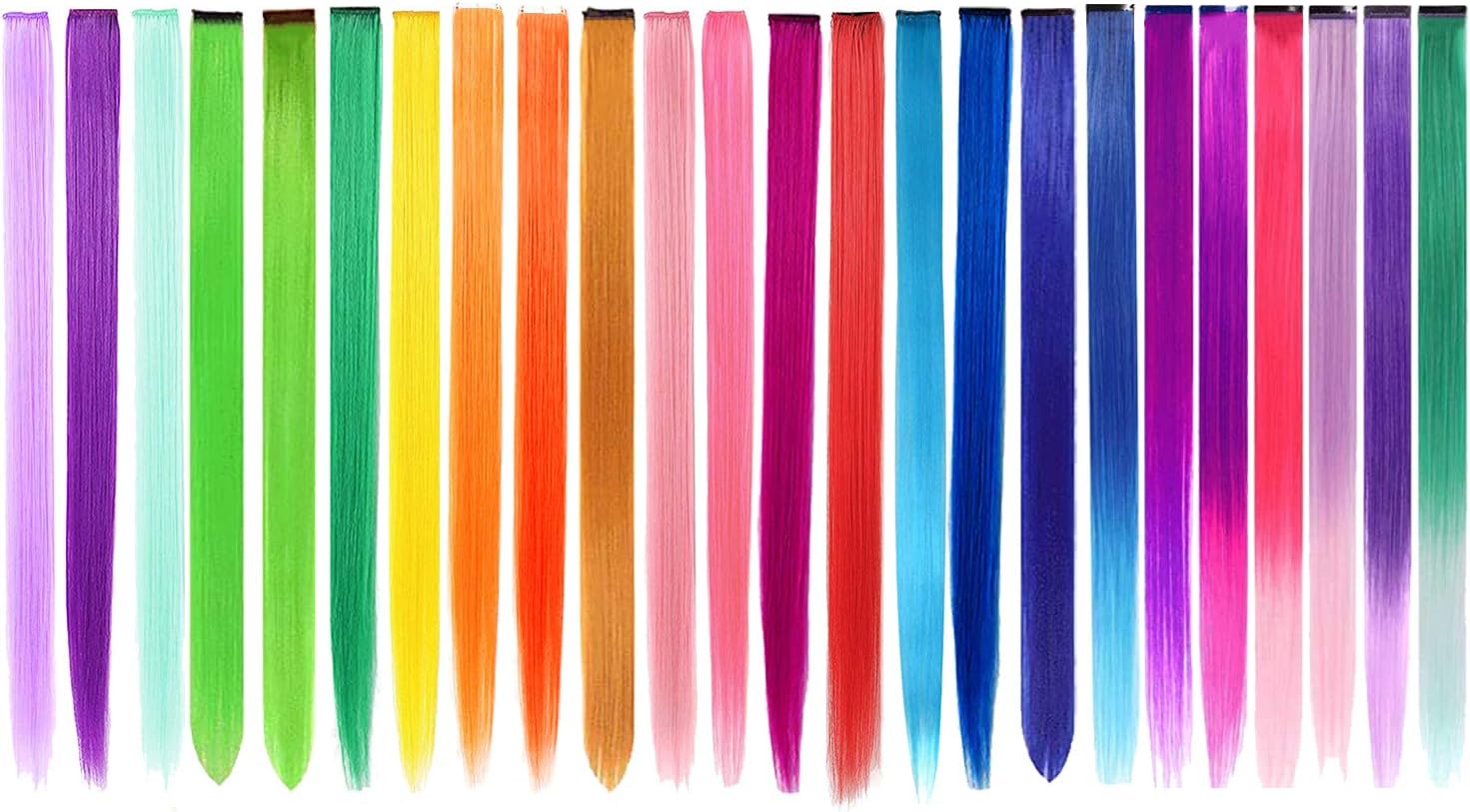 48 PCS hair extensions in 24 colors, highlighting the 22-inch straight long hair for girls, fashionable hair accessories (including 17 pure colors and 7 gradient colors)