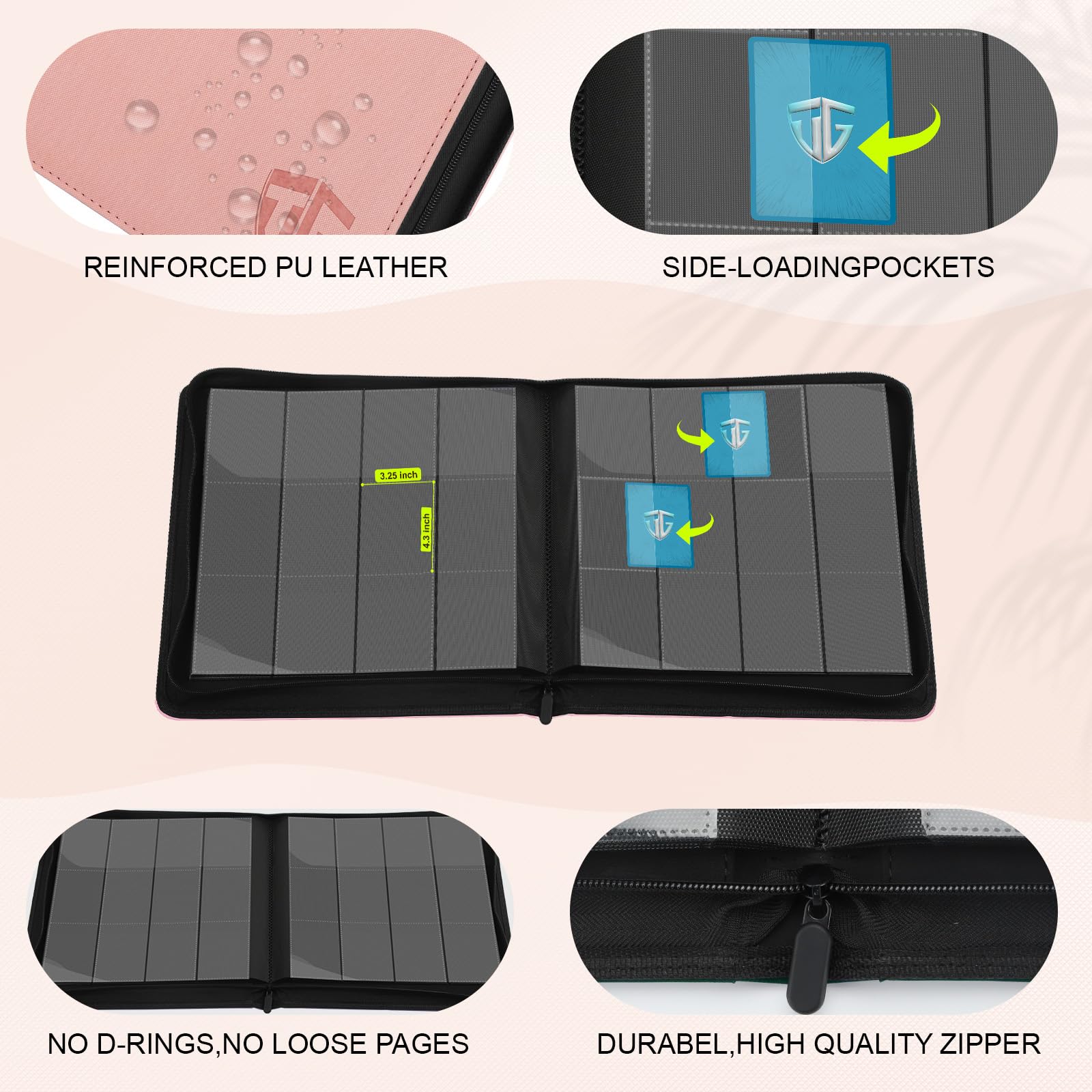 TCGUARD 12 Scomparti per Carte da Collezione, Album con Chiusura Lampo, per 720 Carte, Raccoglitore per Carte di Credito, Tasche Laterali Sicure, Compatibile con YuGiOh, MTG, Carte Sportive, Rosa