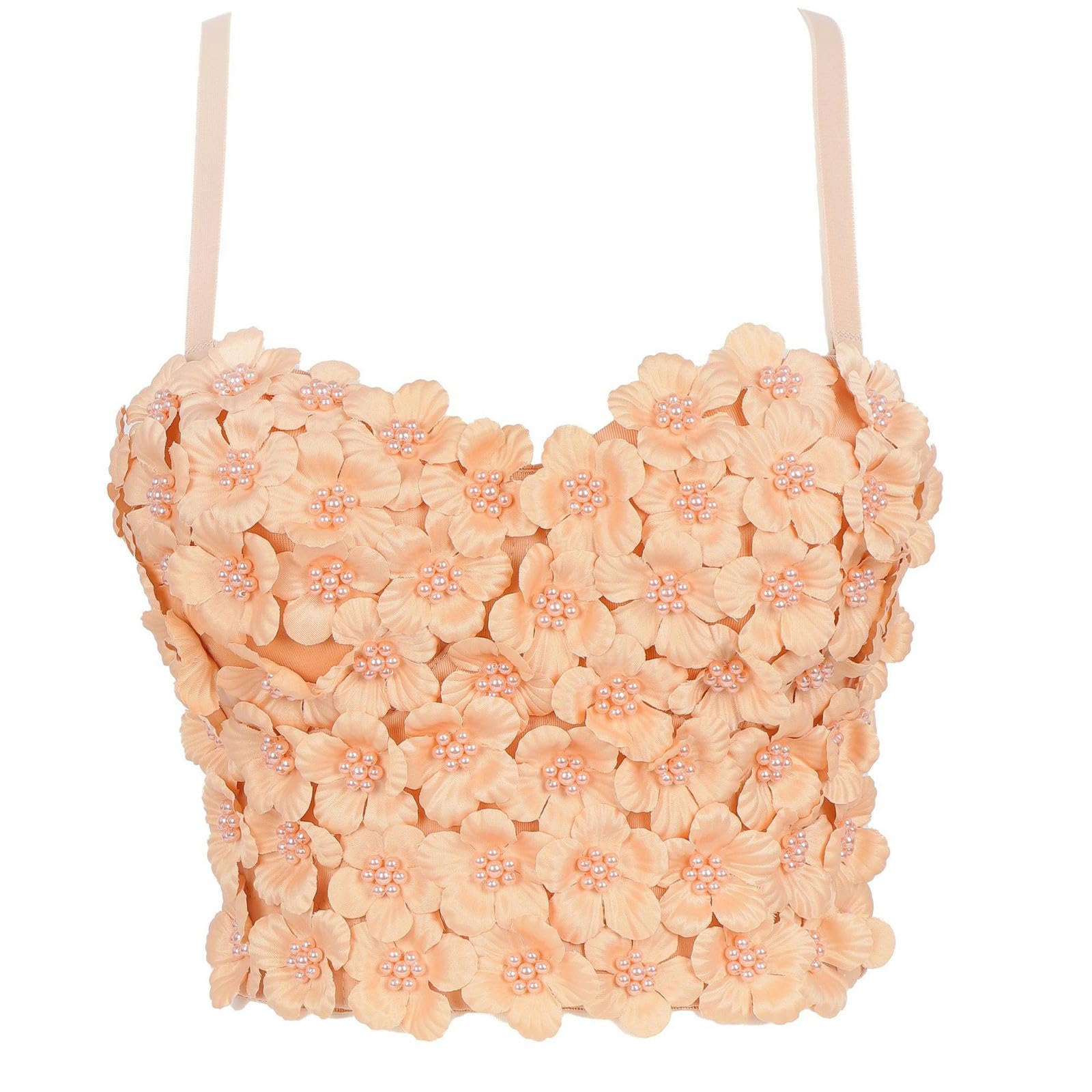 Abbigliamento Esterno Personalizzato con Top Tubolare, Fiore Tridimensionale Fatto a Mano con Perline, Piccolo Reggicalze per l'industria Pesante, da Donna, per Avvolgere Il petto-bianco-36B