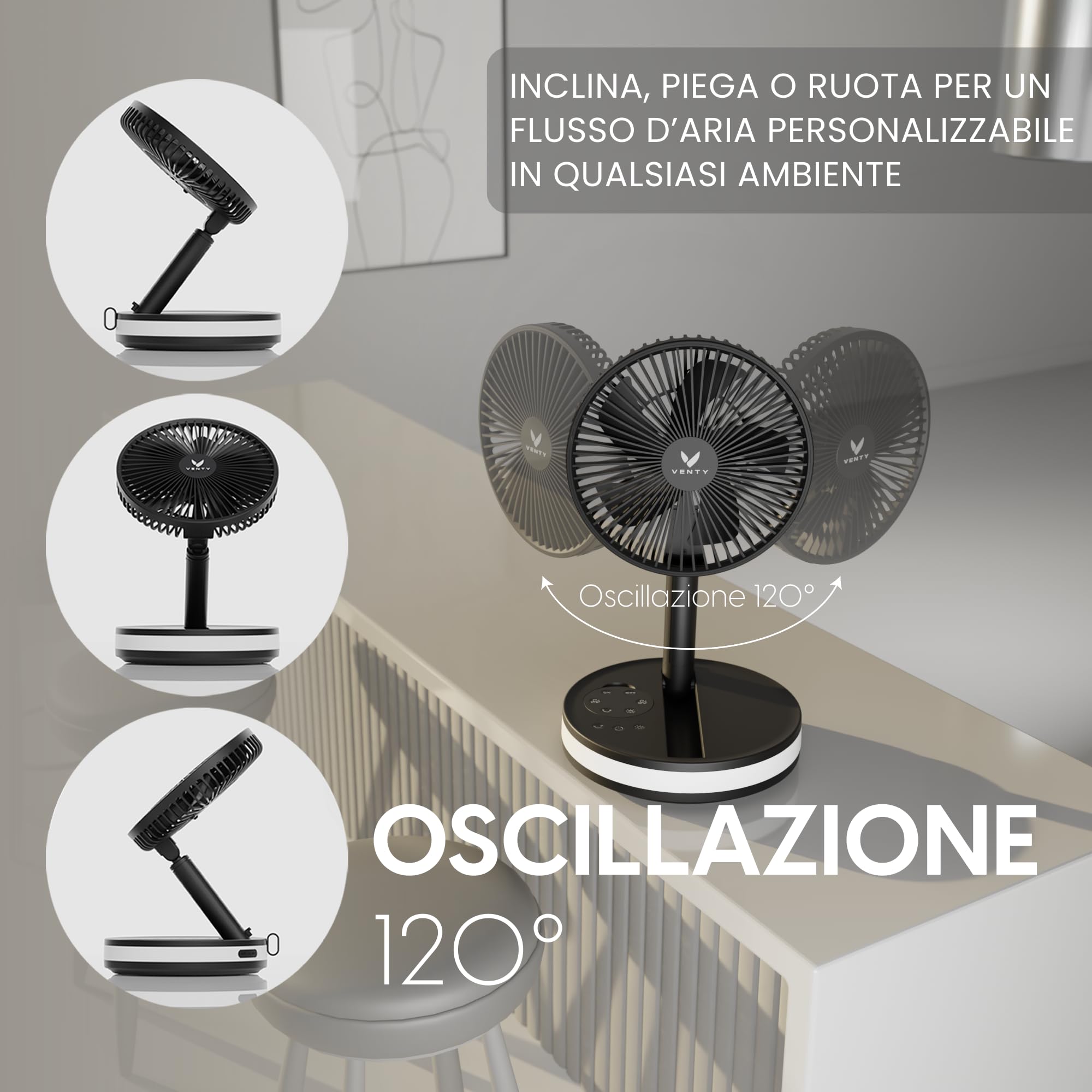 VENTY Ventilatore Portatile a Batteria Ricaricabile - Ventilatore Pieghevole con Custodia da Trasporto, Porta Usb e Telecomando - 4 Velocità, Compatto e Regolabile per Tavolo, Campeggio, Scrivania
