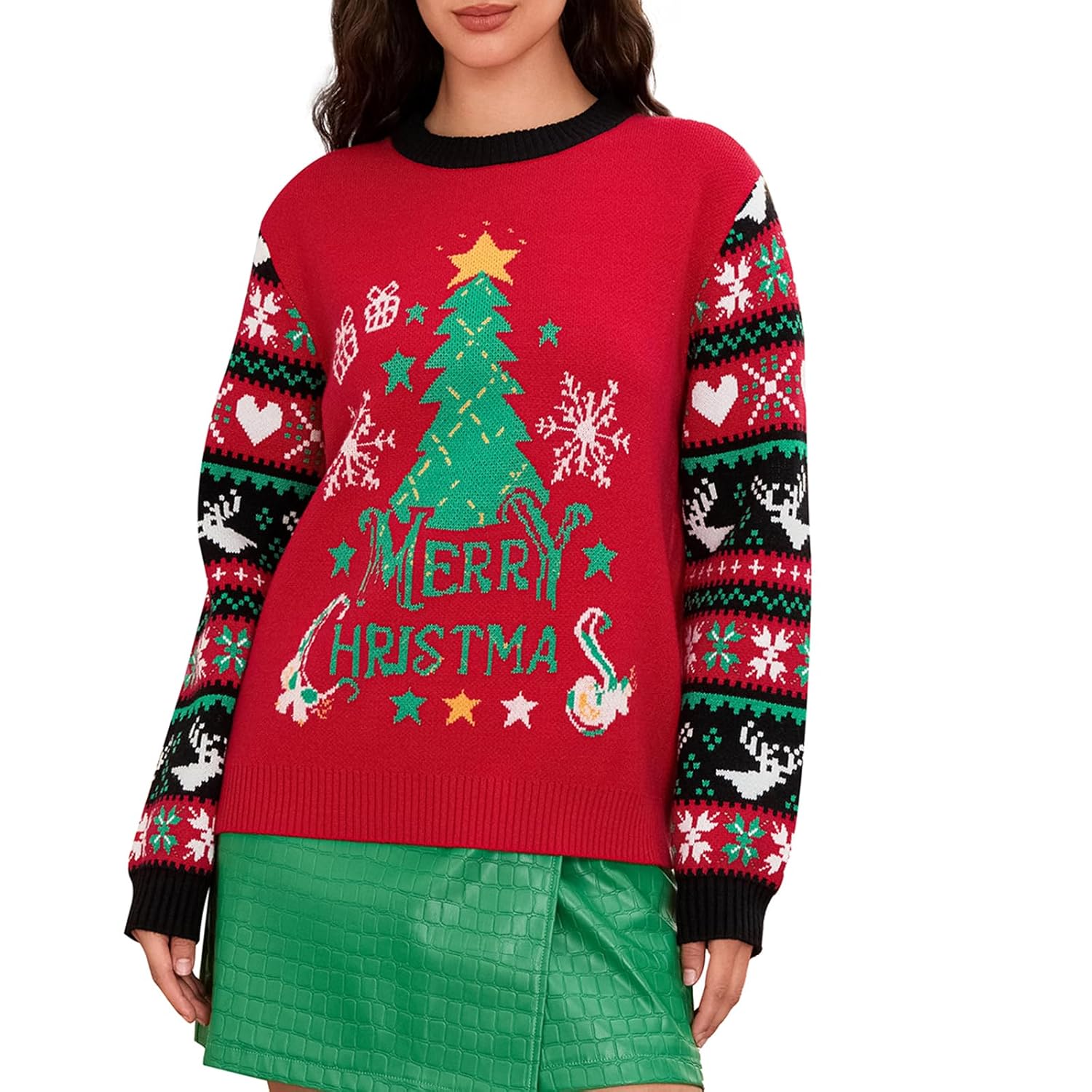 Ugly Christmas Sweater for Women Long Sleeve Crewneck Funny Christmas Pattern Oversized Pullover Sweater Knitwear