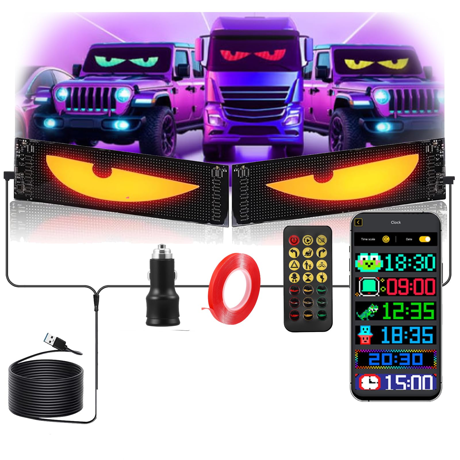 Occhiali LED per parabrezza di camion, set da 2 pezzi,12 x 59,5 cm,Occhiali del diavolo per parabrezza,display fai da te,schermo morbido,pannello a matrice a LED,programmabile, regalo per uomini