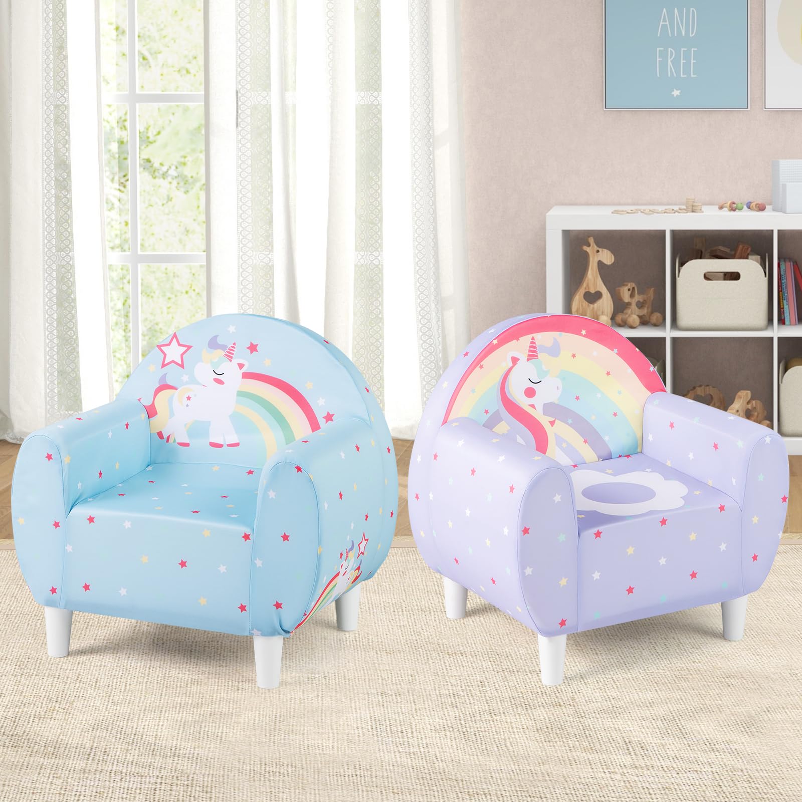 GOPLUS Sofa dziecięca Unicorn, fotel dziecięcy z oddychającym materiałem i gęstą pianką, tapicerowana sofa do zabawy, dla chłopców i dziewczynek od 3 lat, obciążenie 50 kg, 55 x 41 x 54 cm (fioletowa)