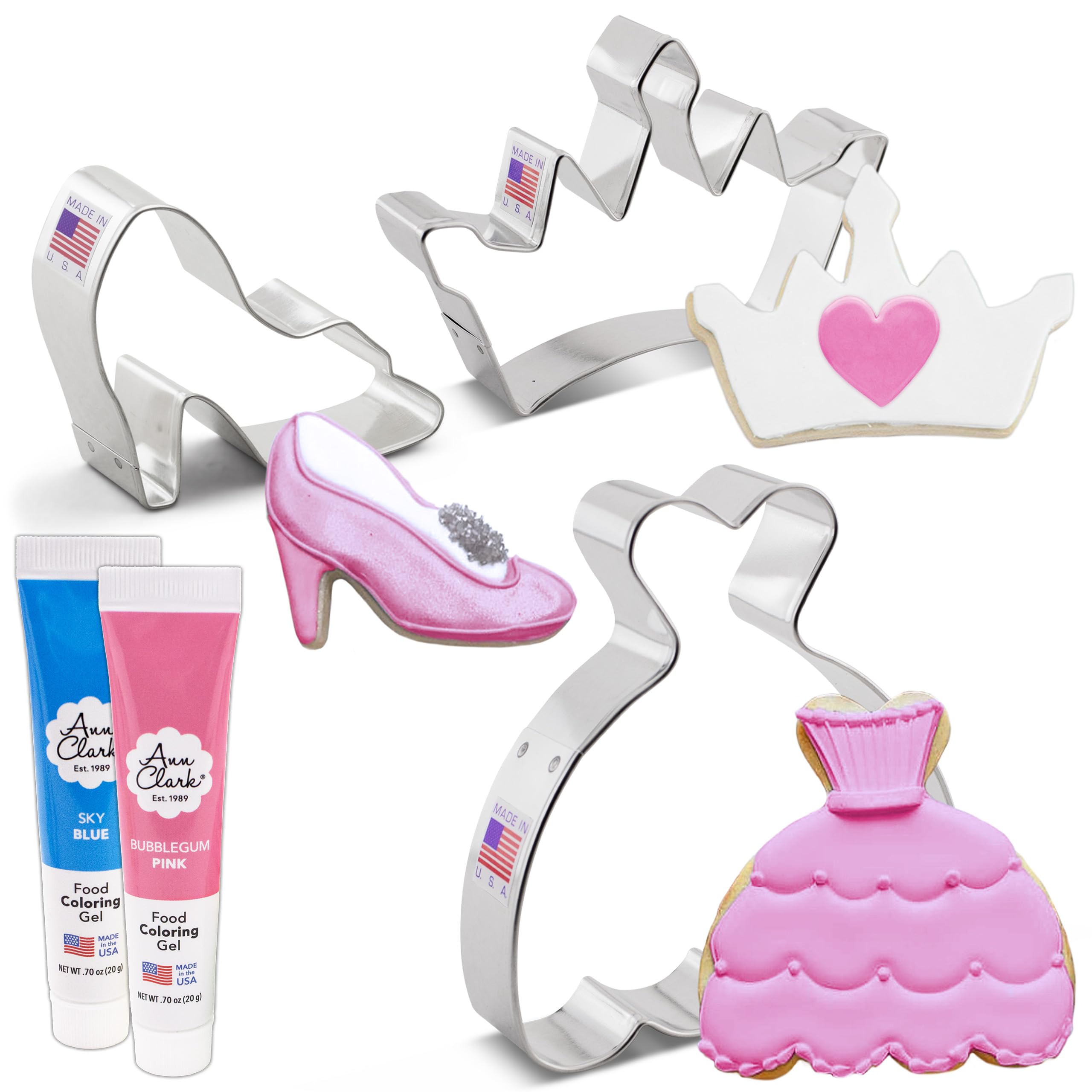 Ann Clark Cookie Cutters Princess Cookie Cutters Decorating 5-Pc. Set Made in USA, Crown, Dress, High Heel Shoe, Pink & Sky Blue Food Coloring Gel