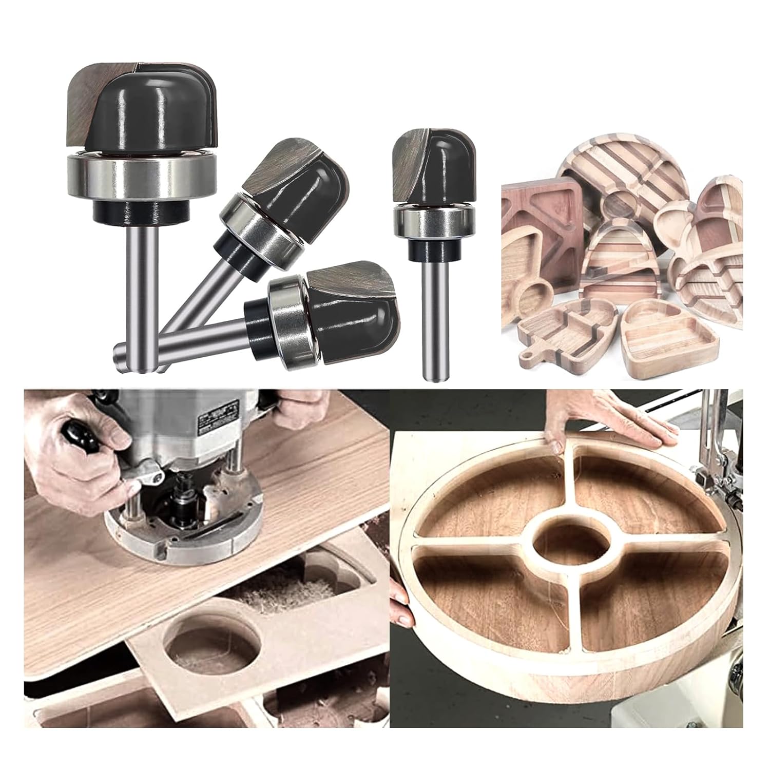 4PCS Bowl & Tray Template Router Bit Set 1/4 Inch Shank, Cove Juice Groove Router Bit, Carbide Tipped Circle Round Nose Cutting, Ideal for Making Wood Bowls, Trays, Boxes, Board Troughs