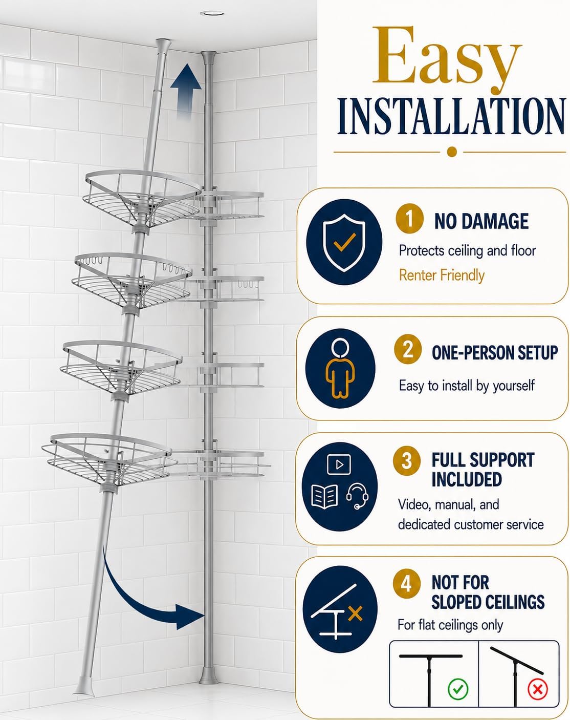 Rustproof Shower Corner Caddy Organizer for Bathroom, 4 Adjustable Shelves with Tension Pole, for Bathtub Shampoo Accessories Storage Holder, 34 to 116 Inch Height, Silver Grey