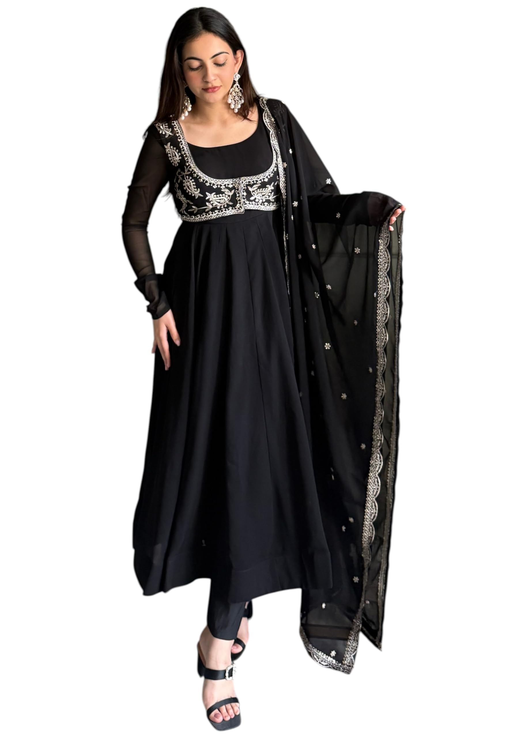 kryvyn Women's Fox Georgette Anarkali Gown with Koti, Dupatta and Pant Set, Black, Fully Flared Ethnic Suit-picture-54
