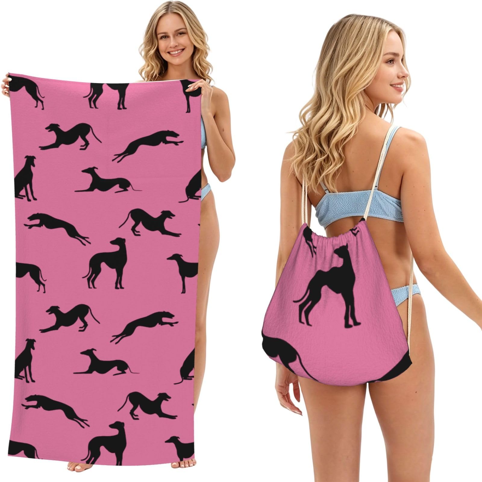 Poadnly As Picture Greyt Greyhound Silhouettes Eda, 2 In 1 Packable Towel Bag, Beach Towels With Drawstring Backpack For Travel Holiday Camping