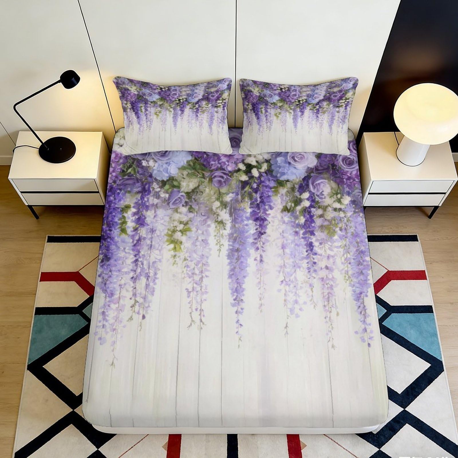 3D Printed Wisteria Fitted Sheet Microfiber Non-Slip Deep Pocket Bedroom Bedding Wisteria Mattress Fitted Cover Washable Full Wrap 200x200x25cm 90x200x25cm