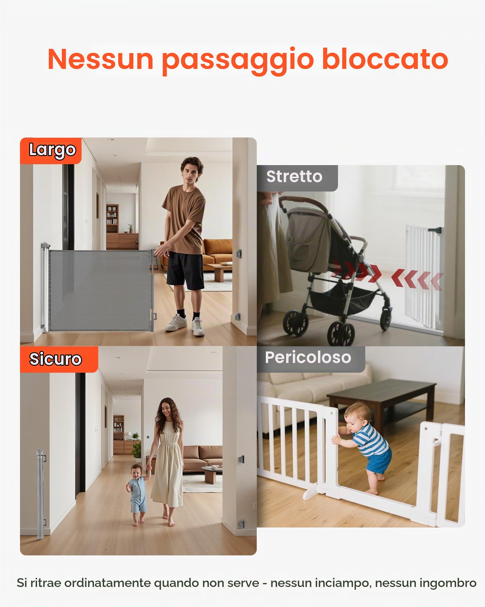 VEVOR Cancelletto Retrattile, Estensibile Fino a 1850 mm di Larghezza, 795 mm di Altezza, con Blocco di Sicurezza, Attraversabile Senza Inciampare, Cancelletto in Rete per Cani Scale, Grigio