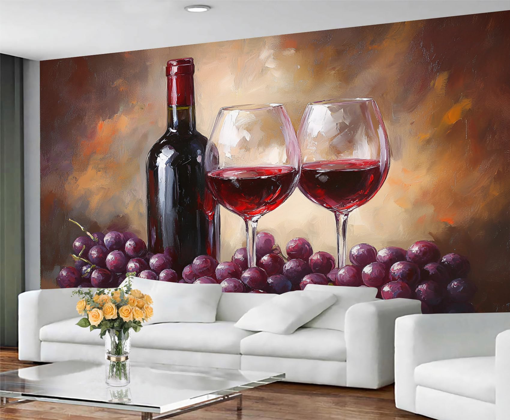 GIVLWF Wine Still Life Wallpaper & Home Decor, Red Wine Bottle Wallpaper for Living Room, Glasses with Grapes Bedroom Wall Paper, Rustic Kitchen Wall Mural & Room Decor - Non Self Adhesive