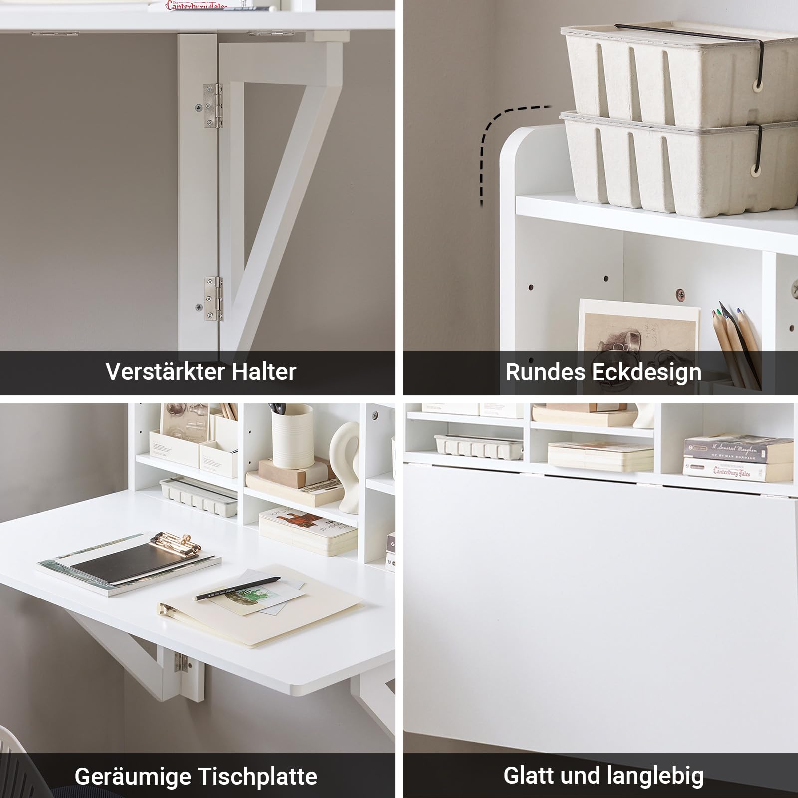 SoBuy Wandklapptisch mit Regal, klappbarer Schreibtisch Küchentisch klappbar, platzsparender Esstisch Wandtisch für Homeoffice, Wohnzimmer und kleine Räume, Weiß BHT ca. 90x78x60cm FWT07-II-W
