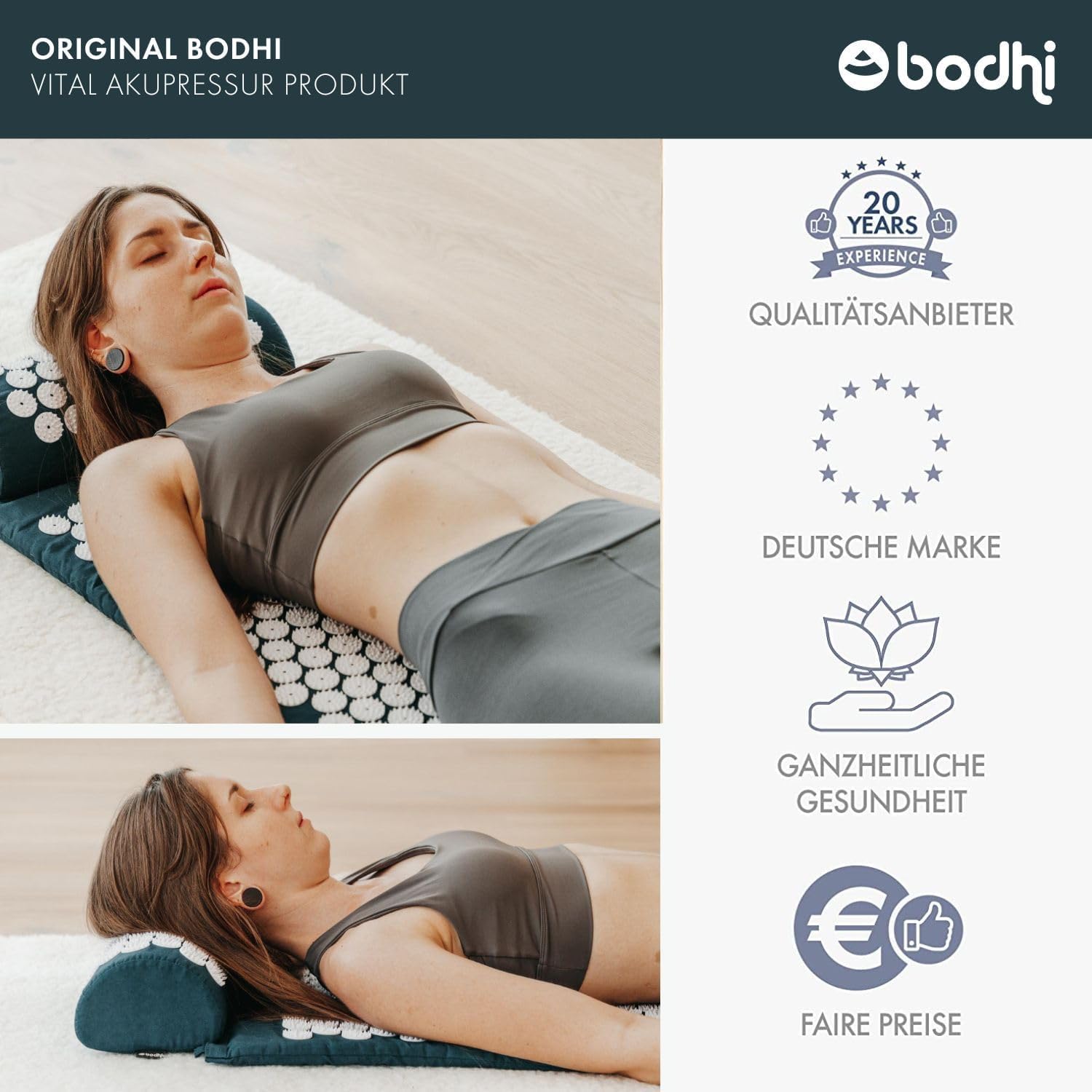 Set d'acupression VITAL XL: tapis d'acupression (130 x 50 cm) et coussin d'acupression ((36 x 15 x 10 cm) + sac en nylon. Housse 100% coton et fleurs hypoallergénique I Pétrole