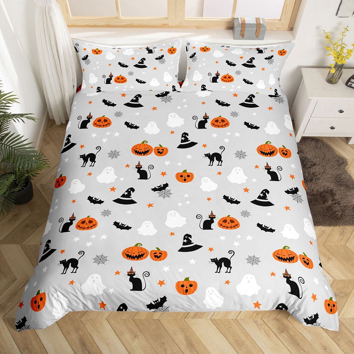 Loussiesd Halloween Pumpkins Multicolour Reversible Duvet Cover White Orange Bedding Set Halloween Festival Quilt Cover with 1 Pillowcases Single Size Soft Easy Care Comforter Cover — image 1