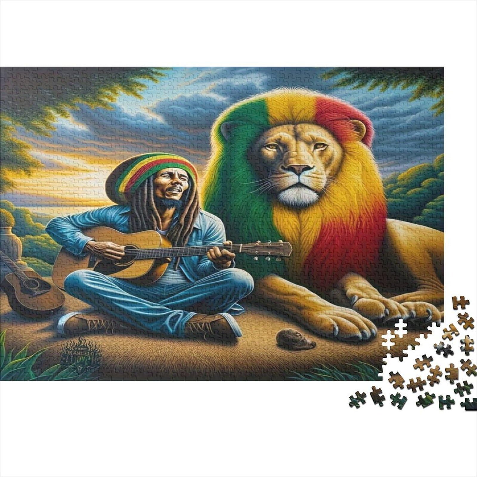 Bob Marley Lion 1000pc Jigsaw 100% Recycled Board Thick Cardboard for Adults Rasta Man with Lion Precise Interlocking Brain Training Birthday Present Sustainable 52x38cm/1000pcs