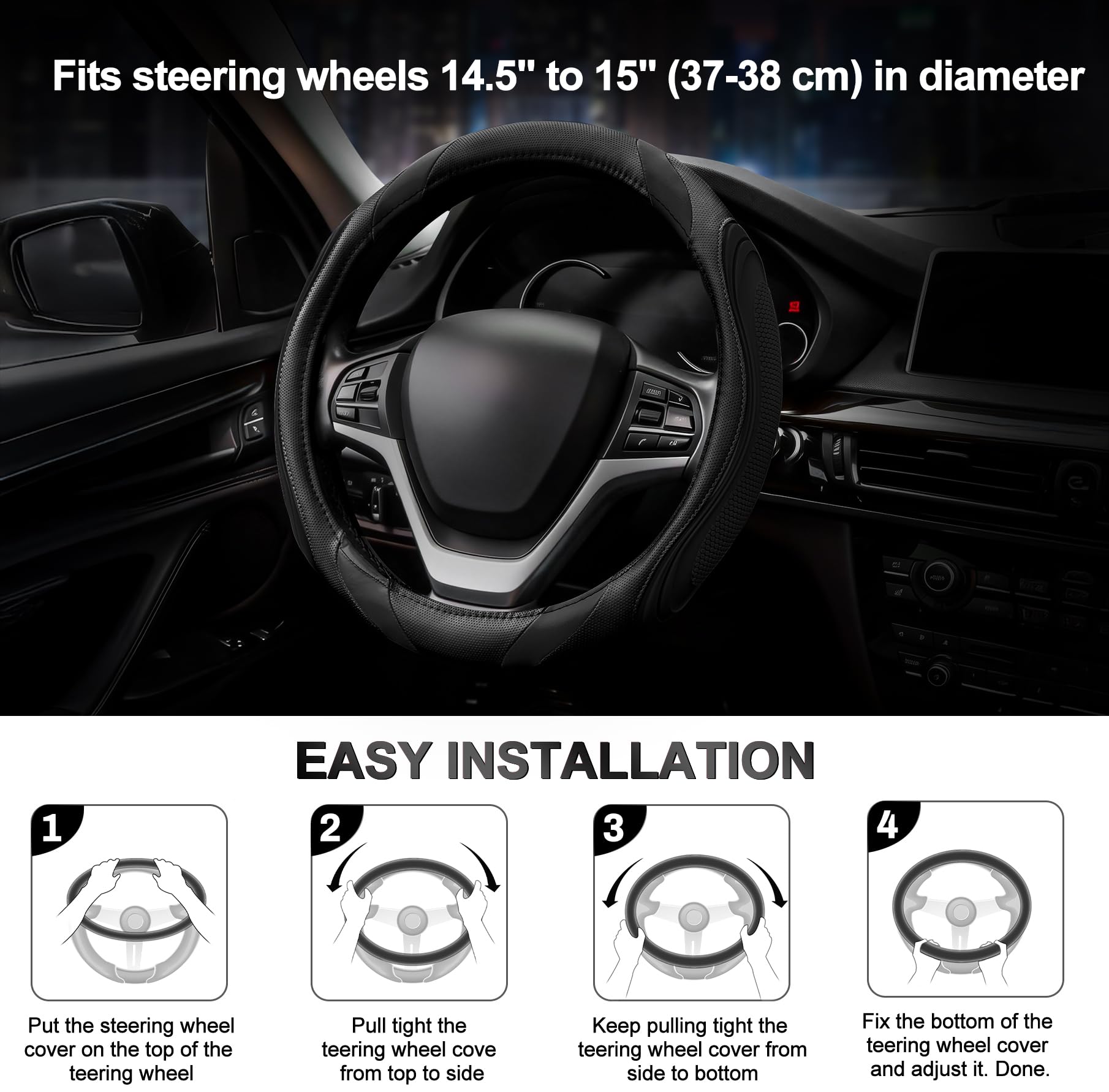 Coprivolante Auto in Pelle - Nastro Coprivolante Antiscivolo Cuoio Universale 37-38cm, Sportage Copertura del Volante Traspirante, Nero