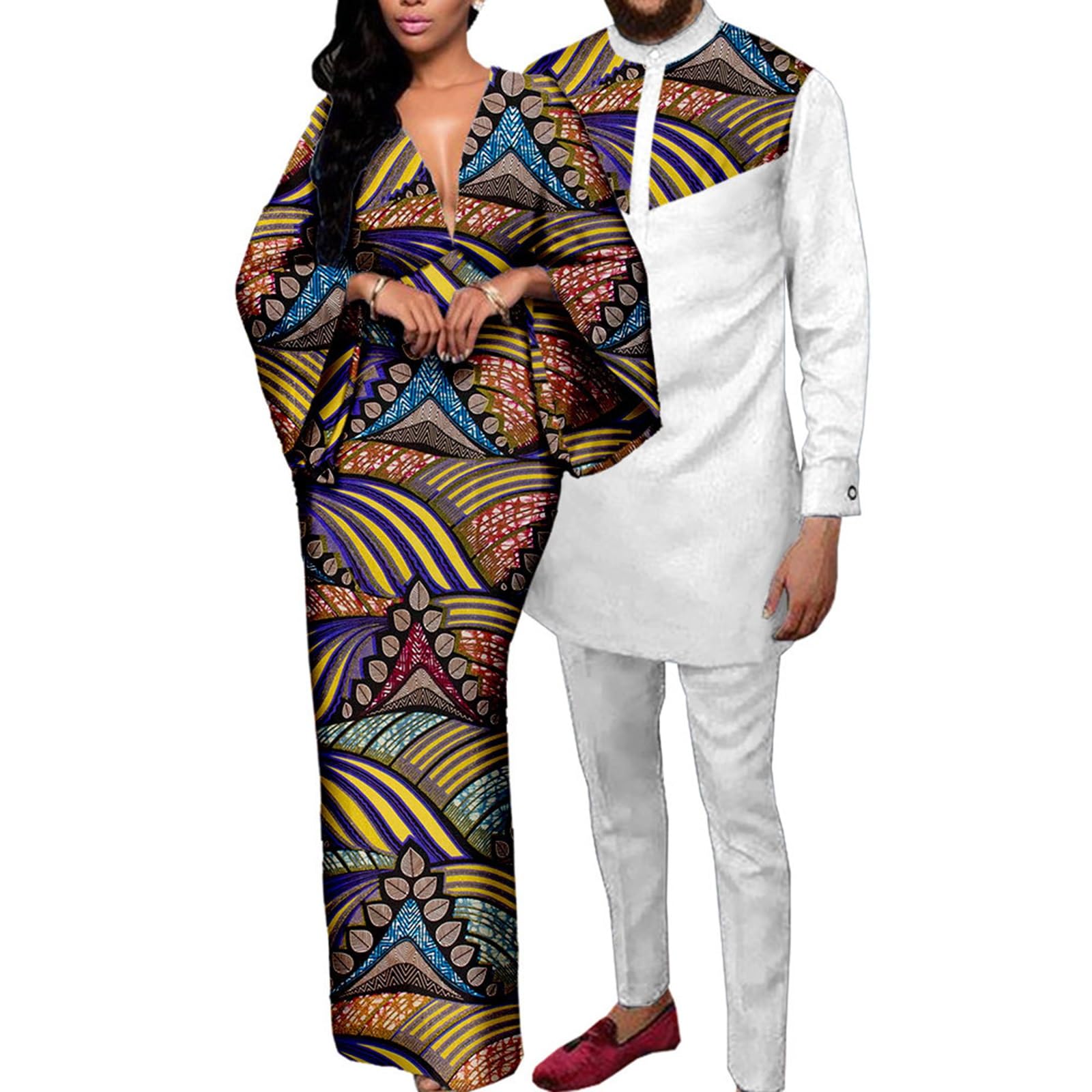 African Couple Attire Matching Sets - Women Print Wax V Neck Fishtail Dress And Dashiki Mens Clothes for
